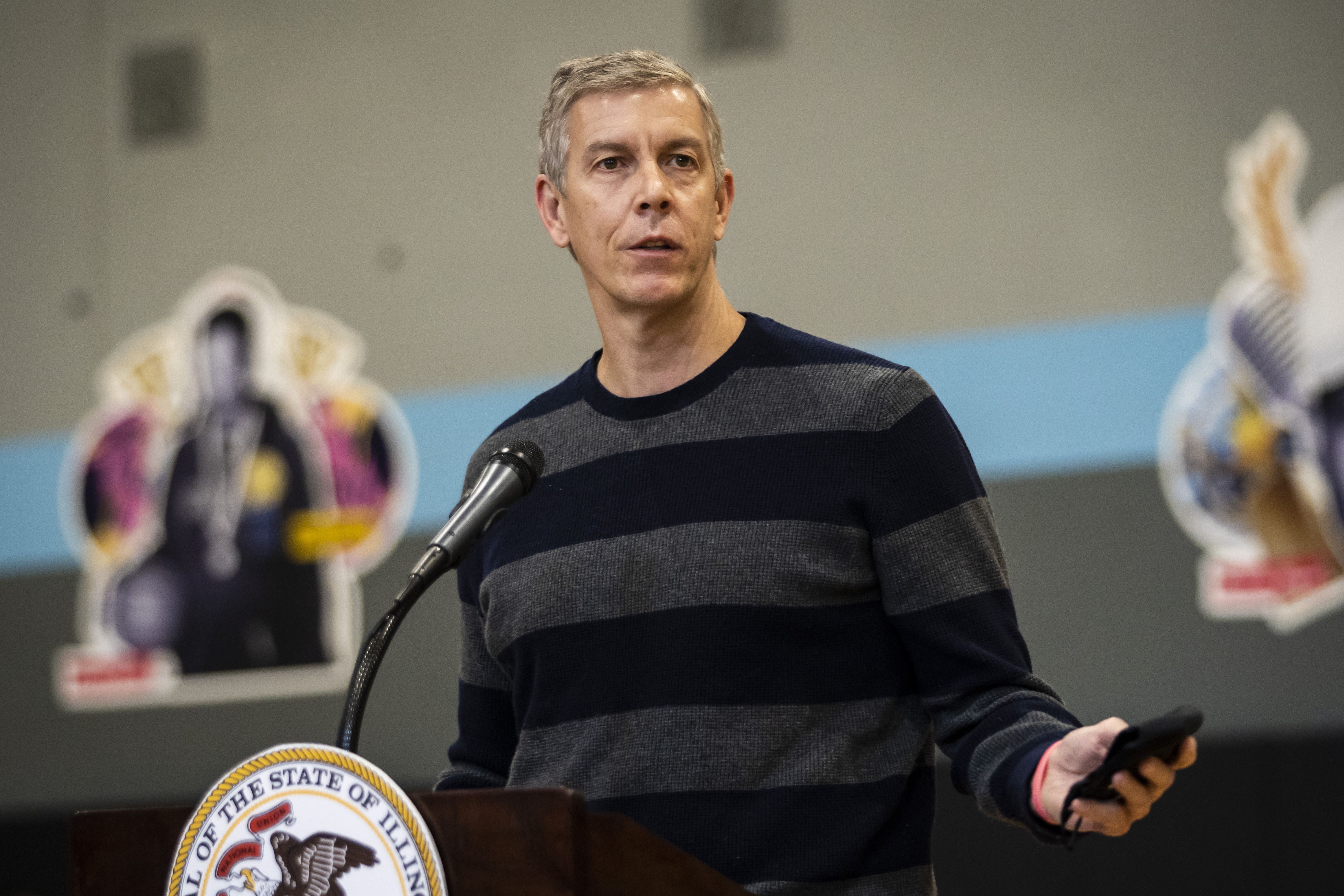 Arne Duncan, a former U.S. Secretary of Education and co-founder of the anti-gun violence organization Chicago CRED, speaks during a news conference at Breakthrough FamilyPlex on the West Side before Gov. J.B. Pritzker signs an executive order declaring gun violence a public health crisis in the state, Monday, Nov, 1, 2021.