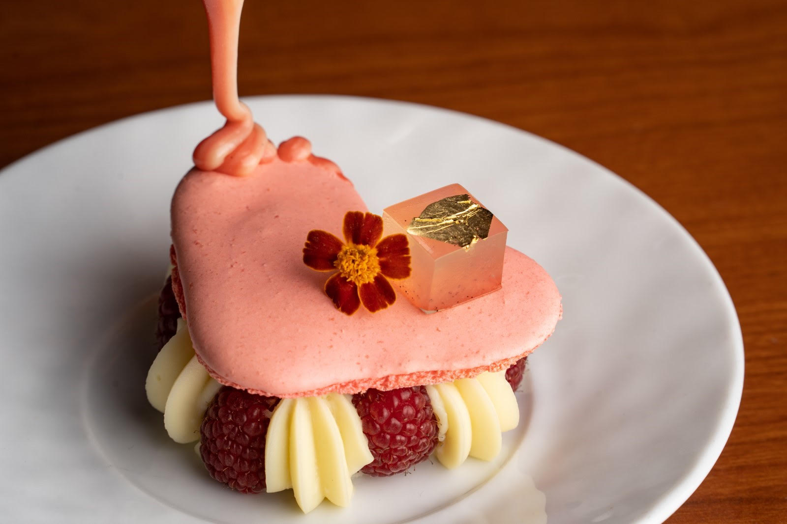 Pink pastry dessert called the Cupid’s Heart at The Bungalow Kitchen Tiburon
