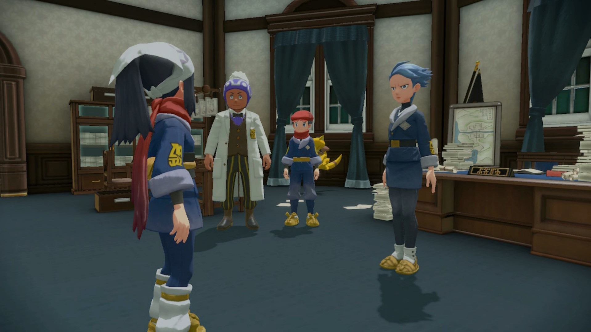 A female Pokémon trainer stands in front of her rival, the professor, and her boss in Pokémon Legends: Arceus