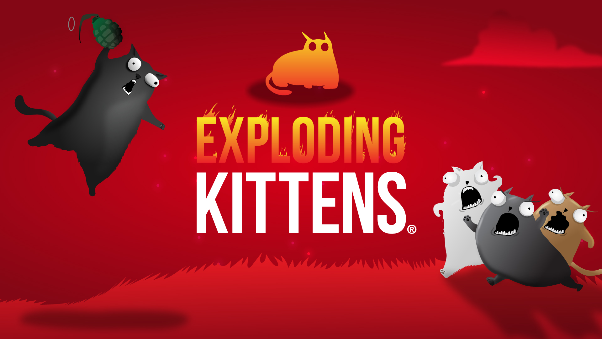 Exploding Kittens - key art, showing a yelling kitten about to dunk a grenade into a group of enemy kittens.