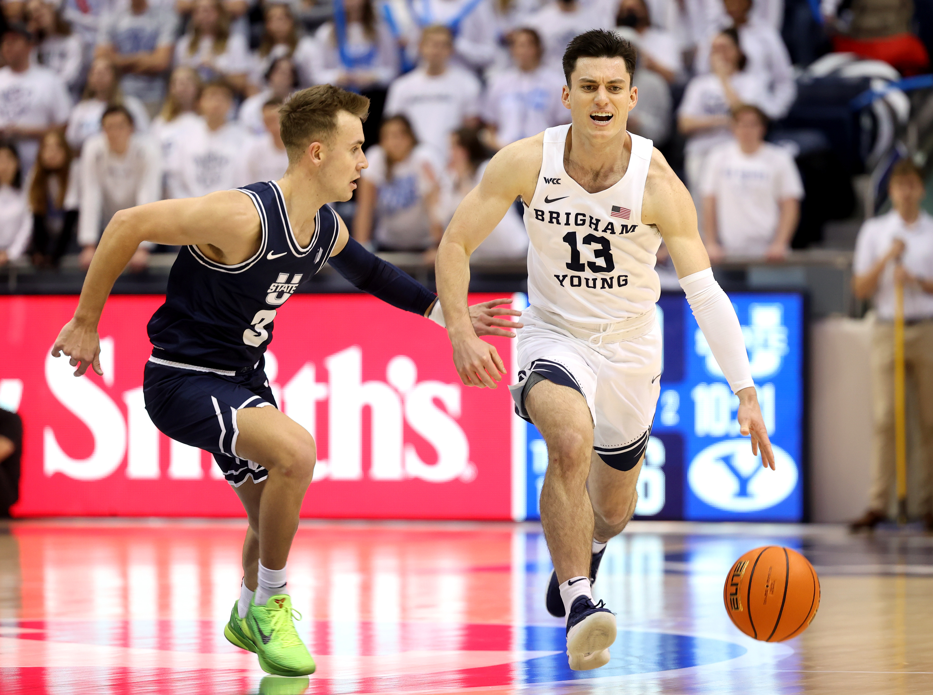 BYU guard Alex Barcello brings the ball up court during game against Utah State in Provo on Wednesday, Dec. 8, 2021.