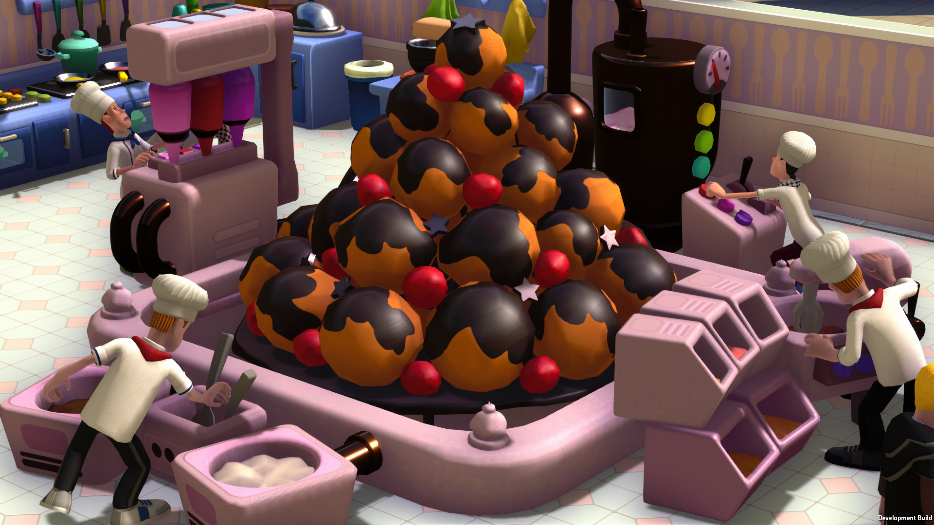 a pile of profiteroles with chefs all around