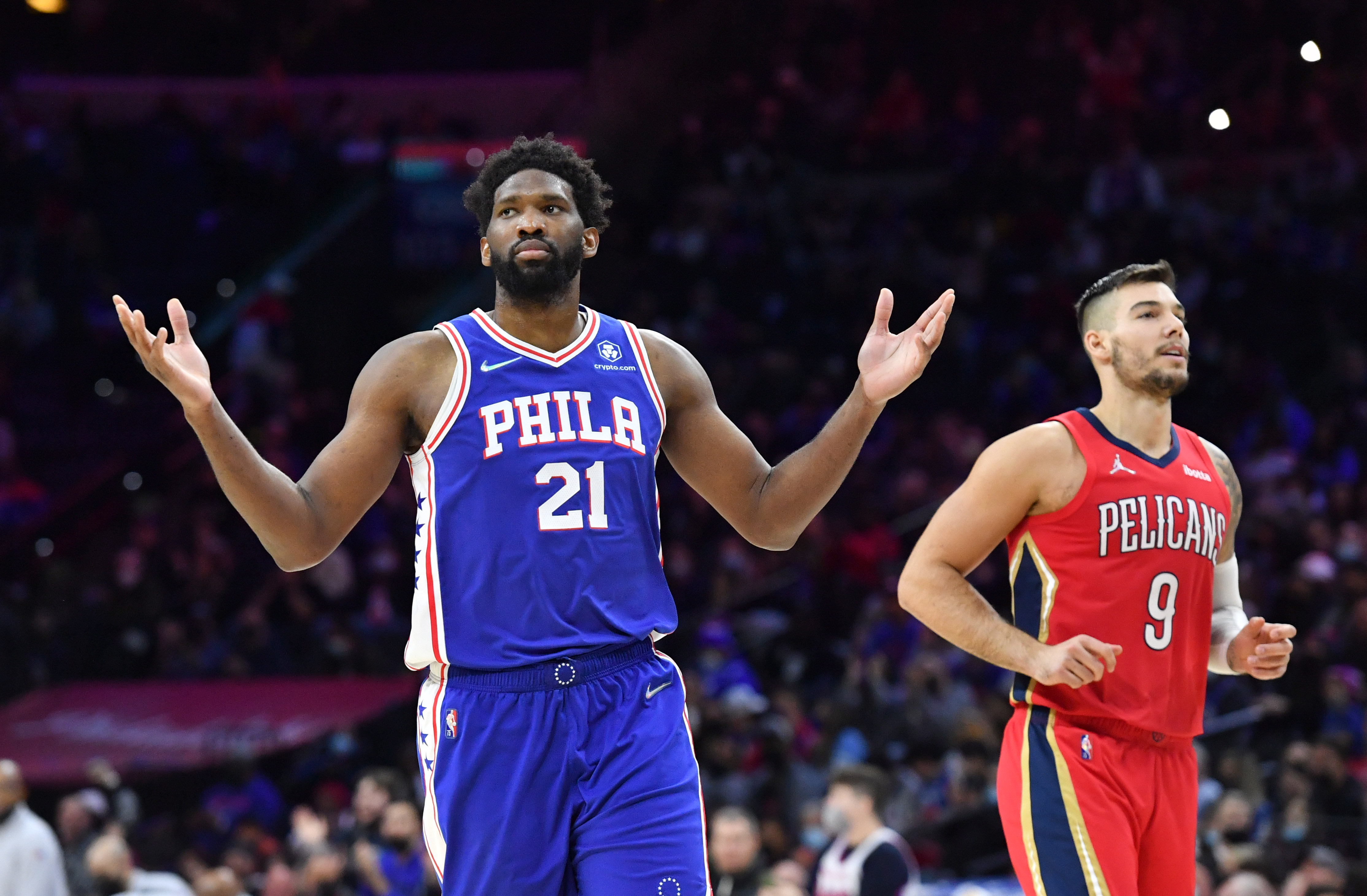 Philadelphia 76ers center Joel Embiid (21) reacts after making a packet against the New Orleans Pelicans during the fourth quarter at Wells Fargo Center.