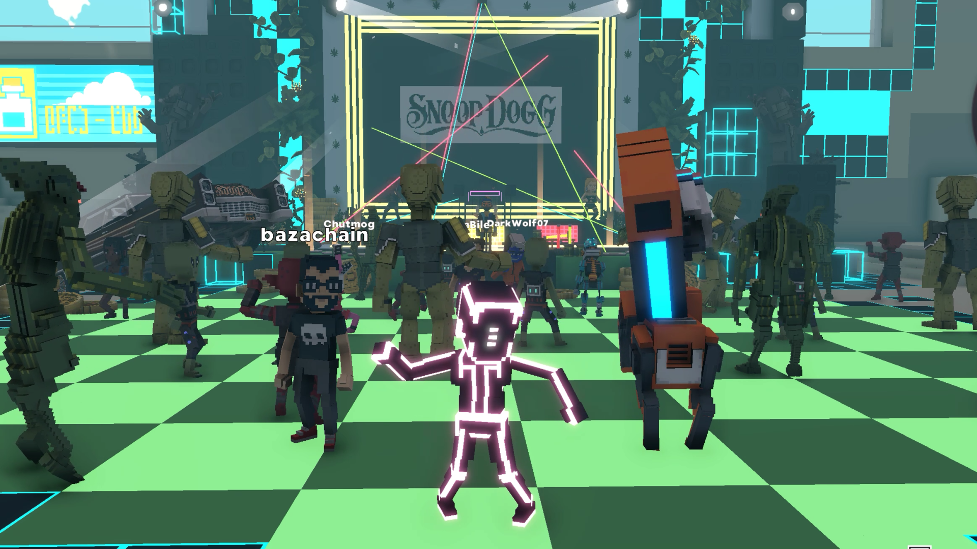 A virtual concert hall with blocky avatars dancing in front of a Snoop Dogg sign.