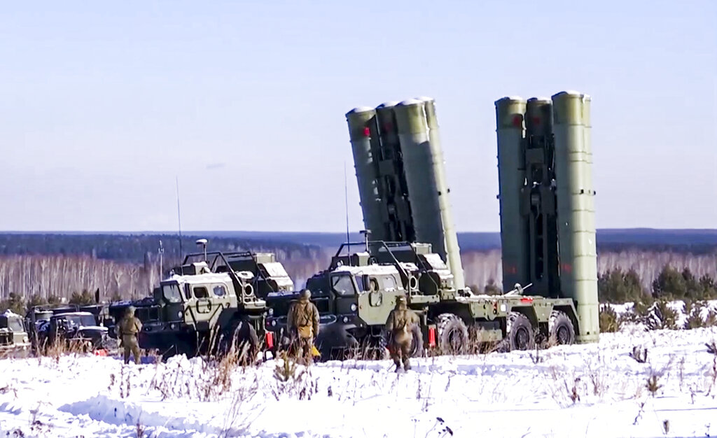 Russian S-400 Triumf surface-to-air missile systems attend a military drills.