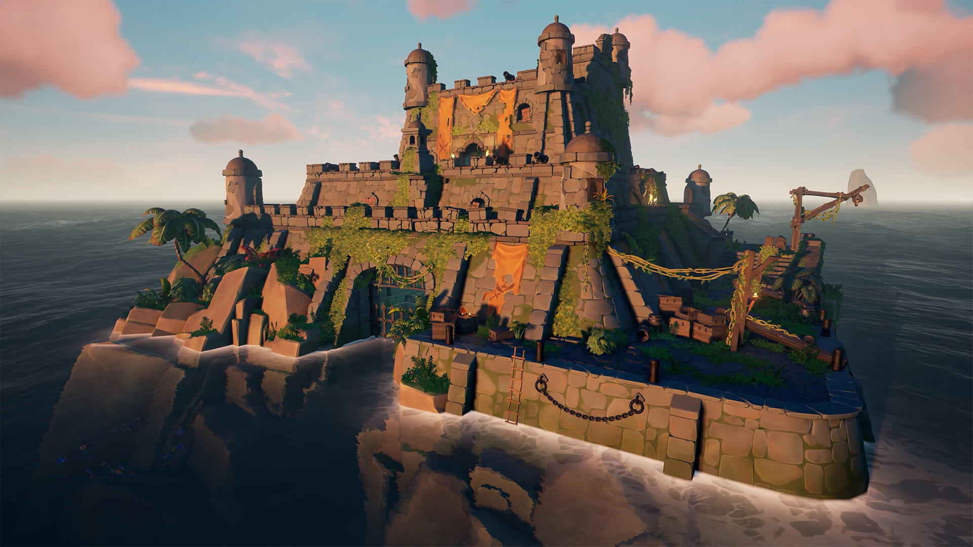 Sea of Thieves - a stone fort in the Sea of Thieves, draped with banners and filled with deadly phantasms