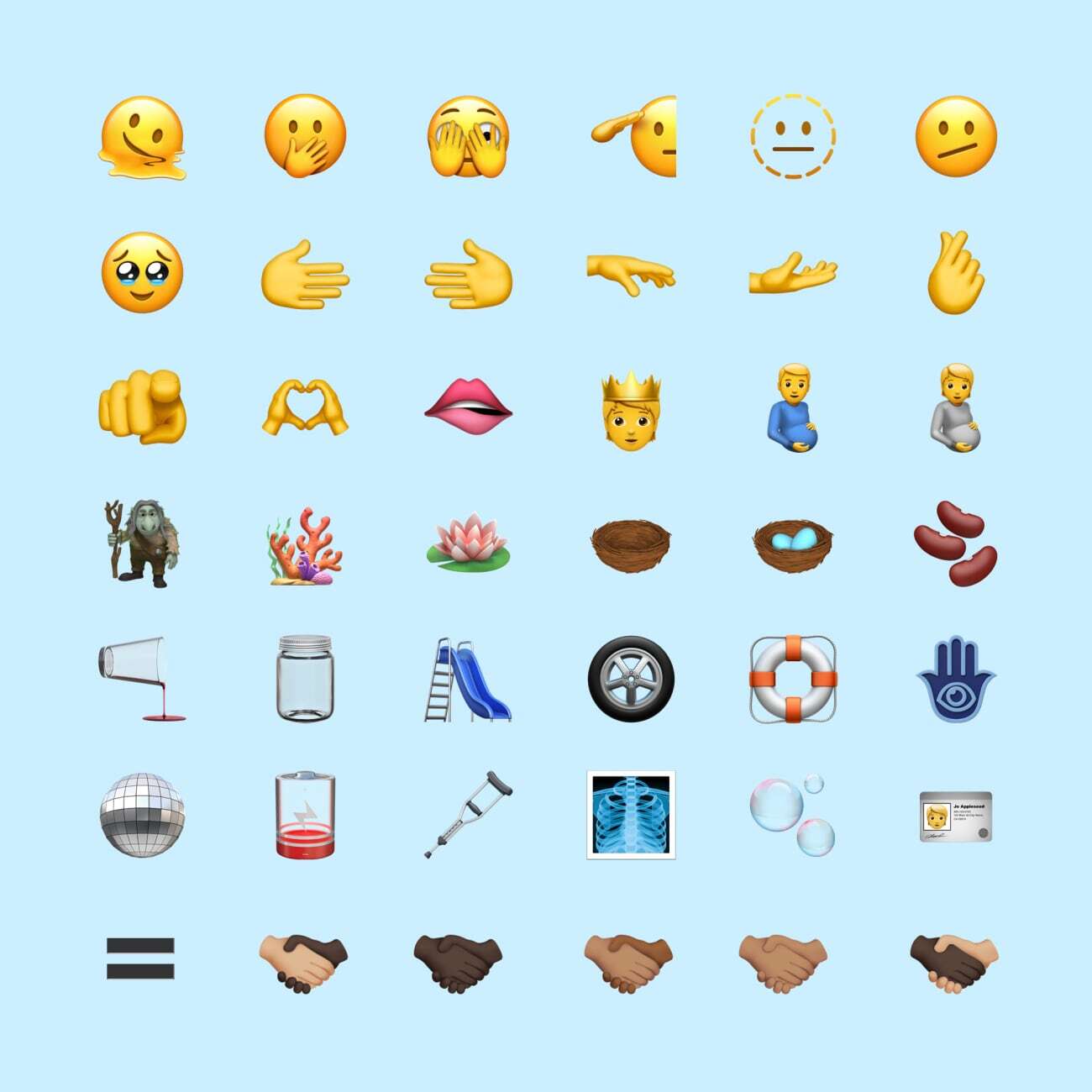 Rows of emojis including biting lip, a troll, coral, lotus flower, bird nests, beans, glass spilling water, slide, tire, ring buoy, hamsa, disco ball, low battery, crutch, X-ray, bubbles, ID card, and heavy equal sign.