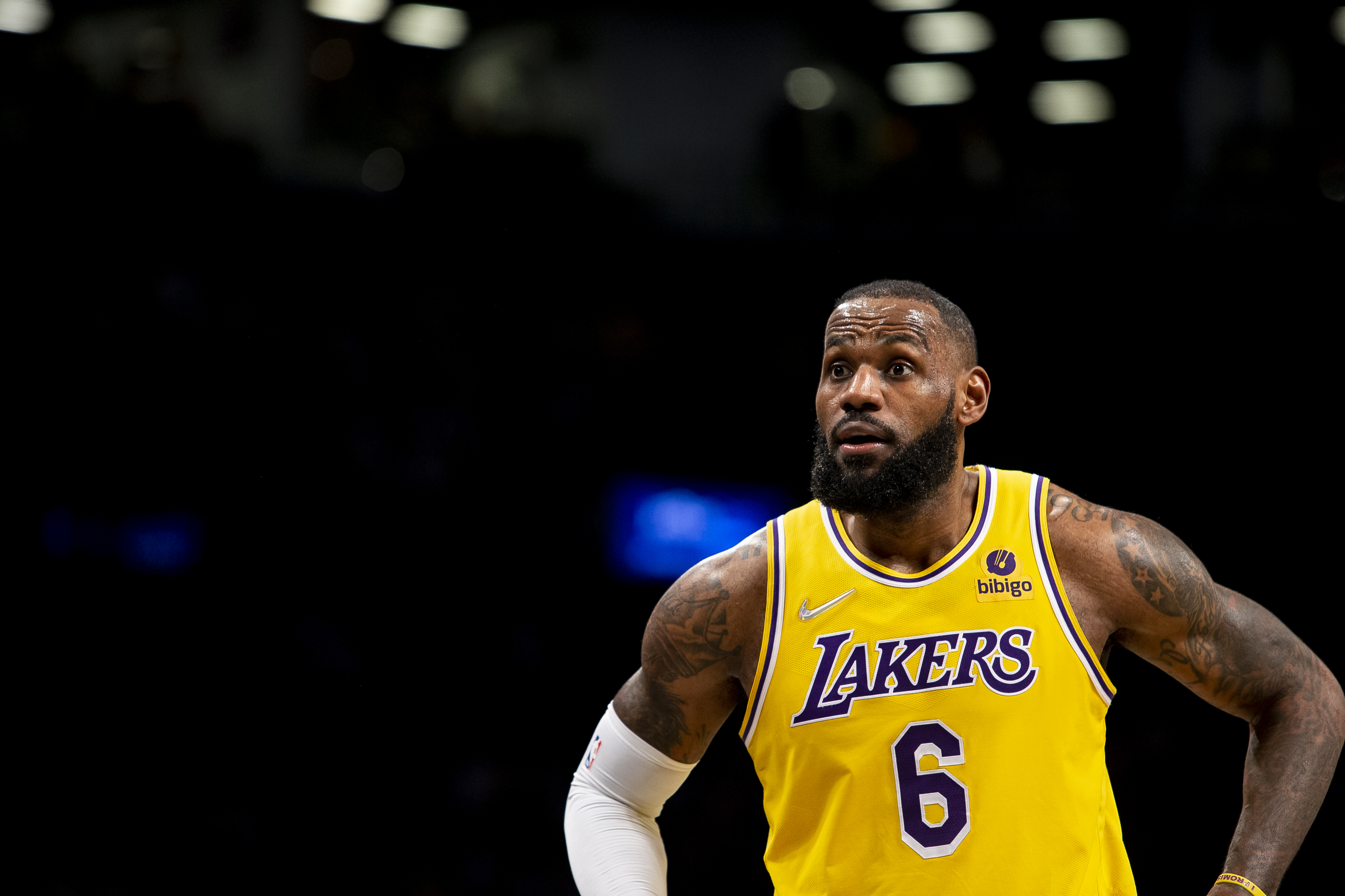 LeBron James #6 of Los Angeles Lakers reacts during action against the Brooklyn Nets at Barclays Center on January 25, 2022 in the Brooklyn borough of New York City.