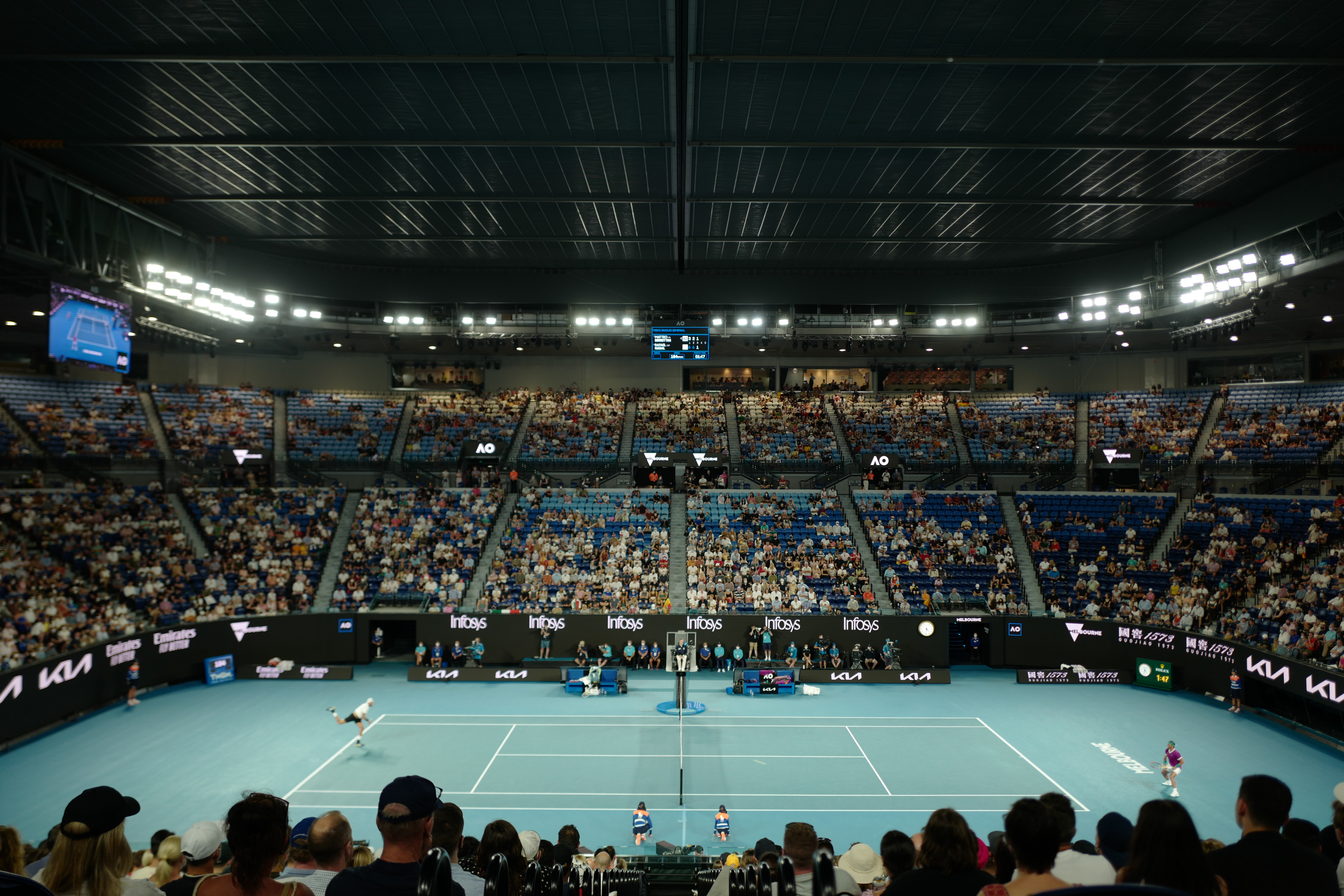 A general view of a closed roof on Rod Laver Arena as Rafael Nadal of Spain plays in his Men’s Singles semi-final match against Matteo Berrettini of Italy during day 12 of the 2022 Australian Open at Melbourne Park on January 28, 2022 in Melbourne, Australia.