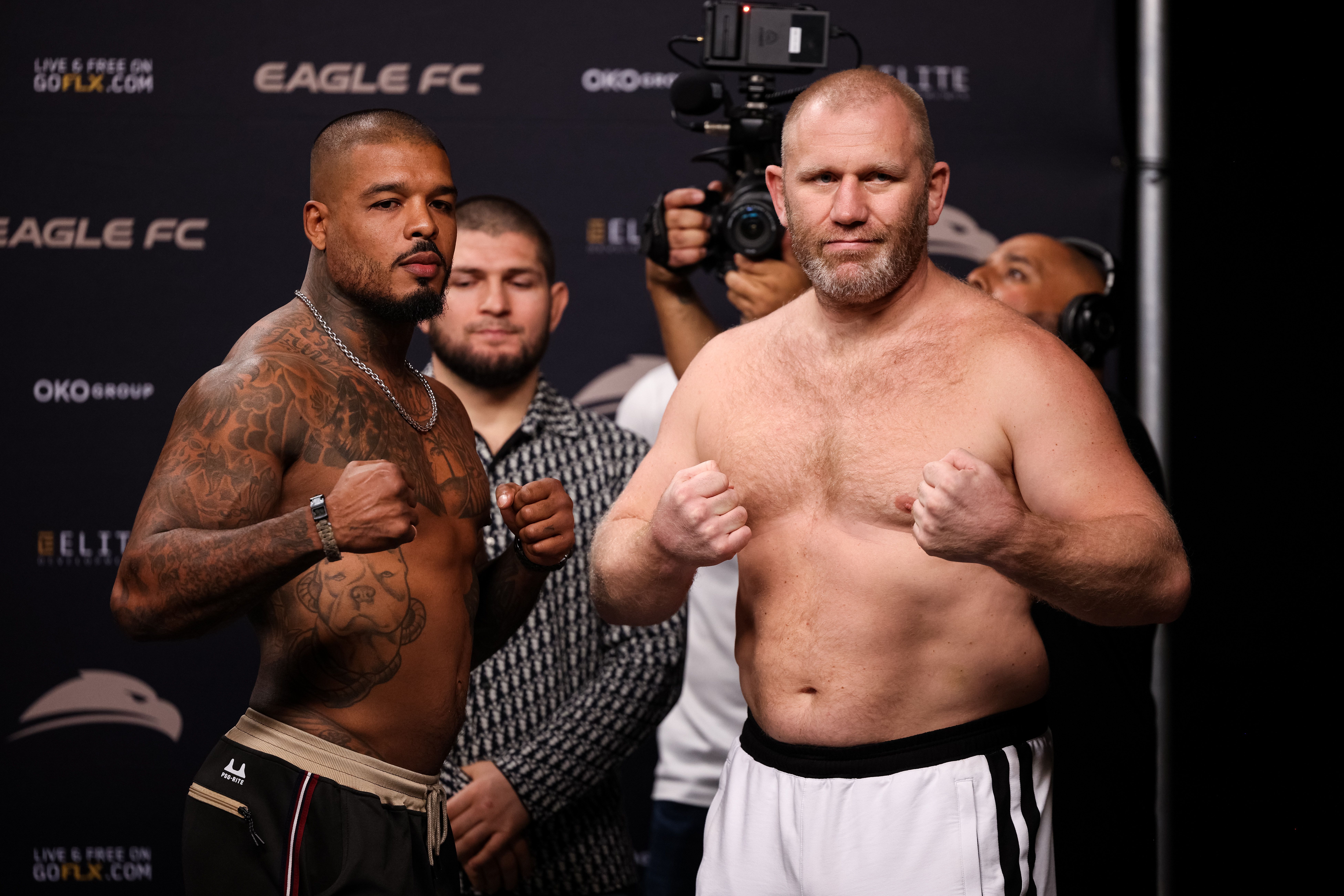 Tyrone Spong and Sergei Kharitonov at the Eagle FC 44 weigh-ins.