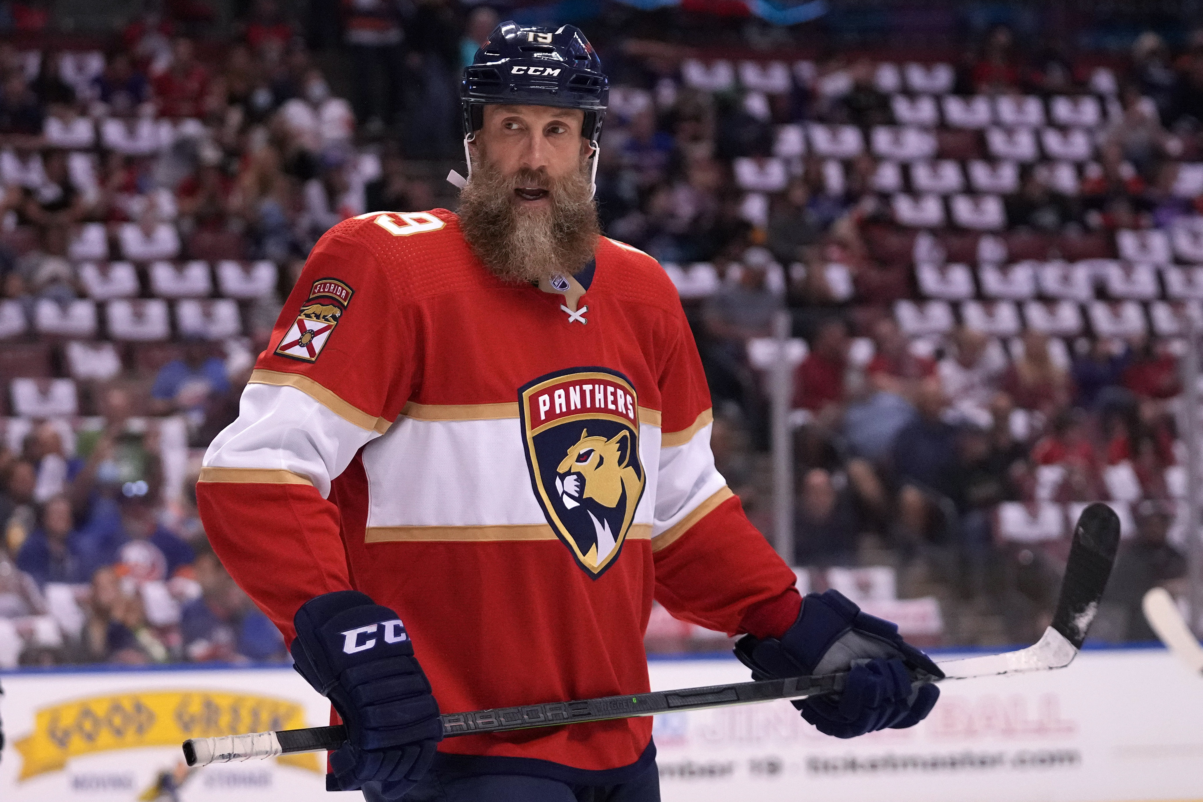 Oct 16, 2021; Sunrise, Florida, USA; Florida Panthers center Joe Thornton (19) skates on the ice during the first period against the New York Islanders at FLA Live Arena.