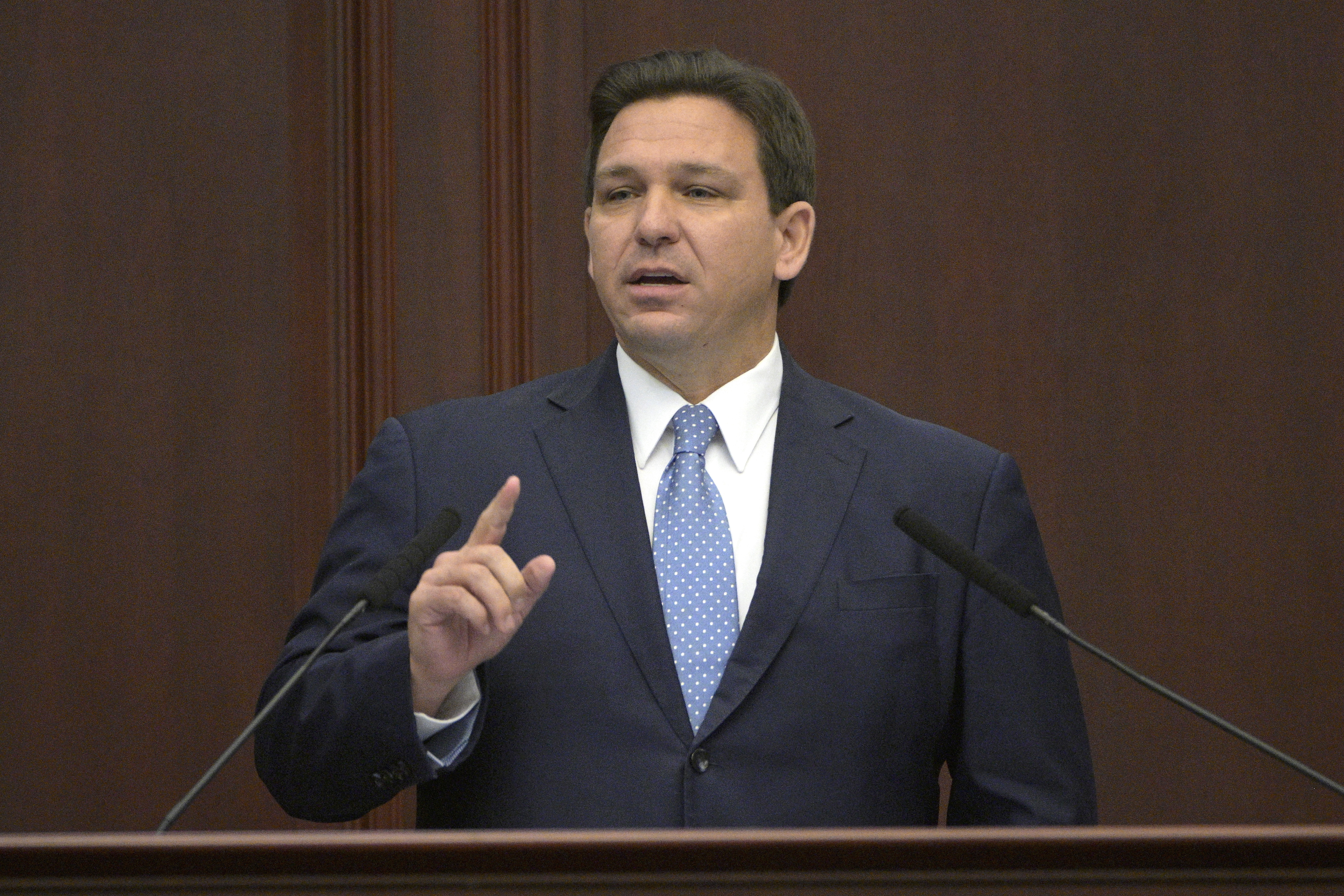 FILE - Florida Gov. Ron DeSantis addresses a joint session of a legislative session, Jan. 11, 2022, in Tallahassee, Fla.