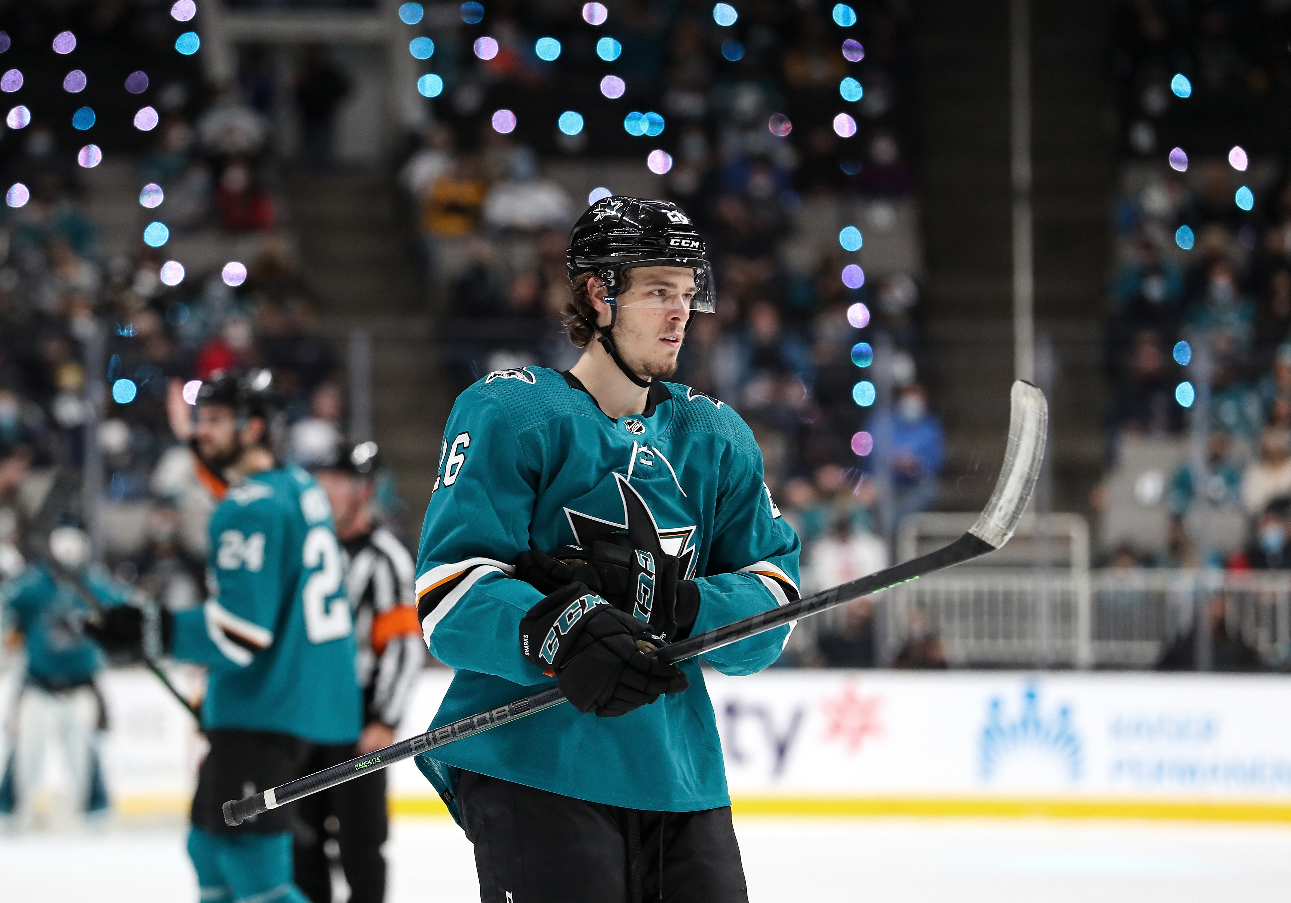 Jasper Weatherby #26 of the San Jose Sharks skates onto the ice for the next play against the Pittsburgh Penguins at SAP Center on January 15, 2022 in San Jose, California.