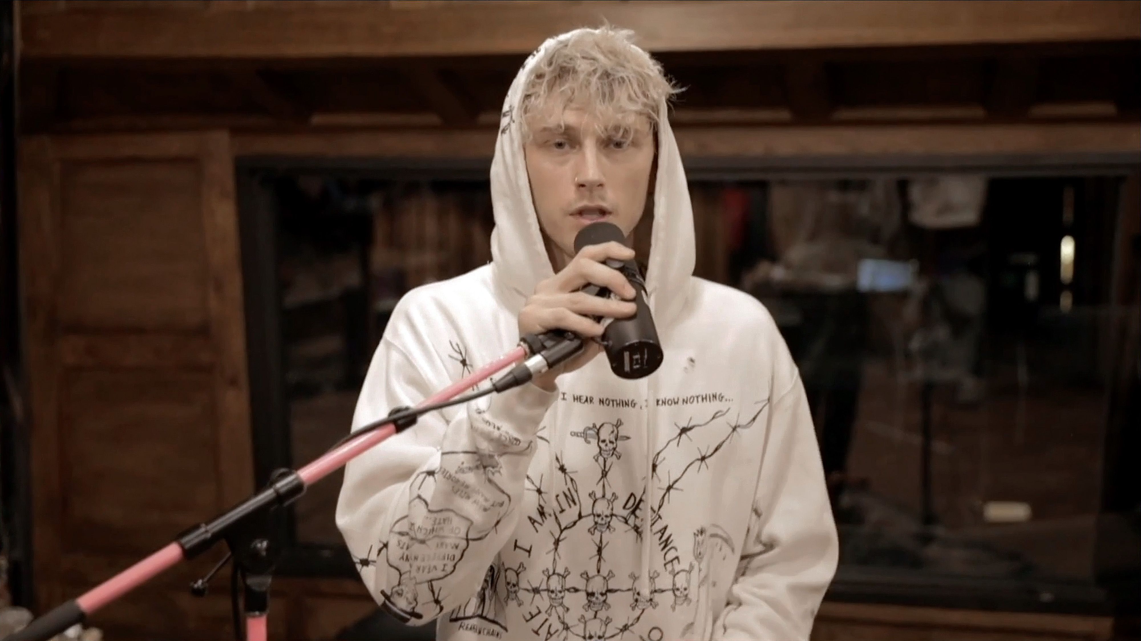 In this screengrab, Machine Gun Kelly performs during the Riot Games Mid-Season Streamathon to Raise Funds for Covid-19 Relief on May 31, 2020 in Various Cities.