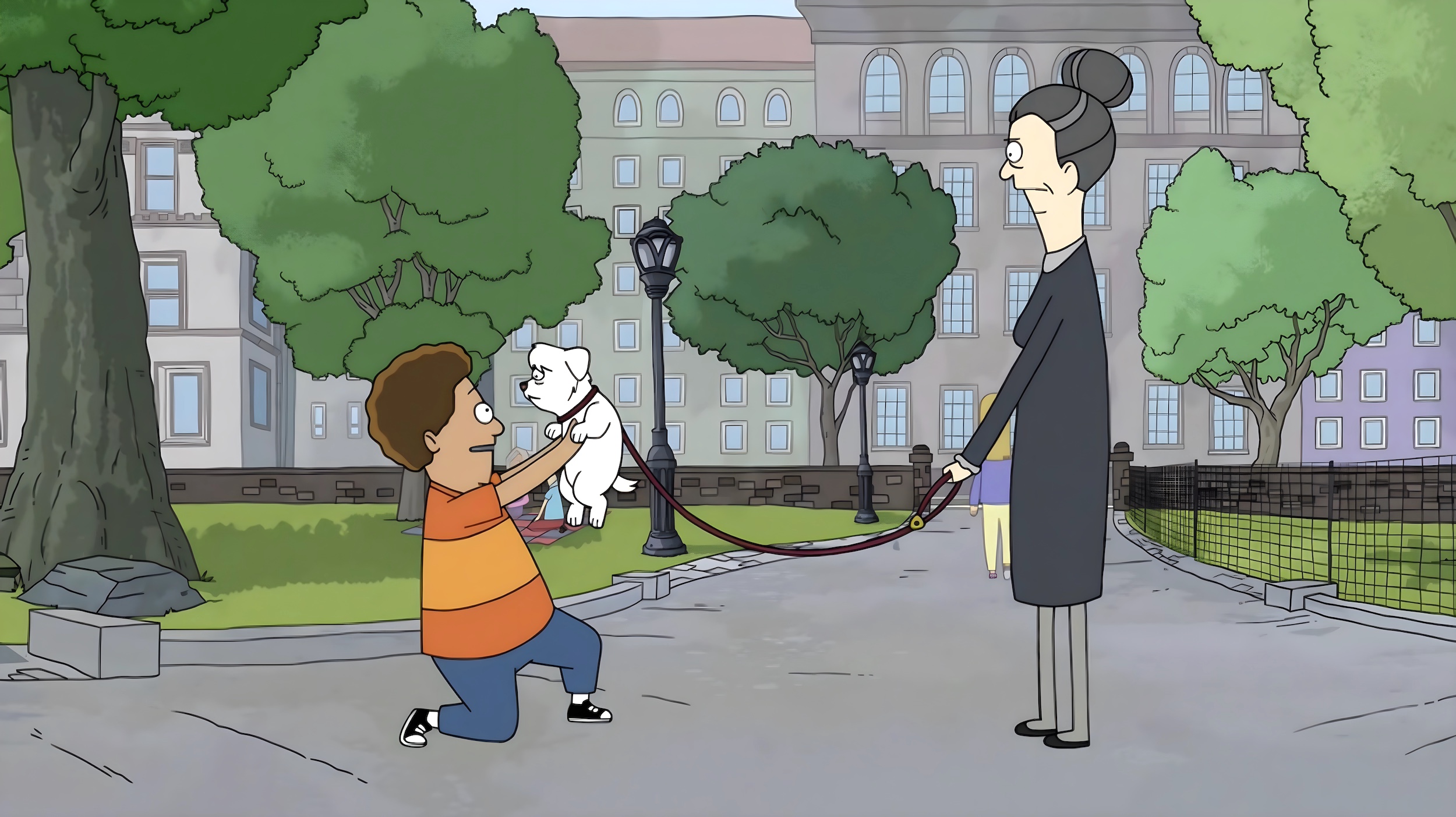 A cartoon of a boy embracing a small dog in a park. An annoyed older woman holds the leash.