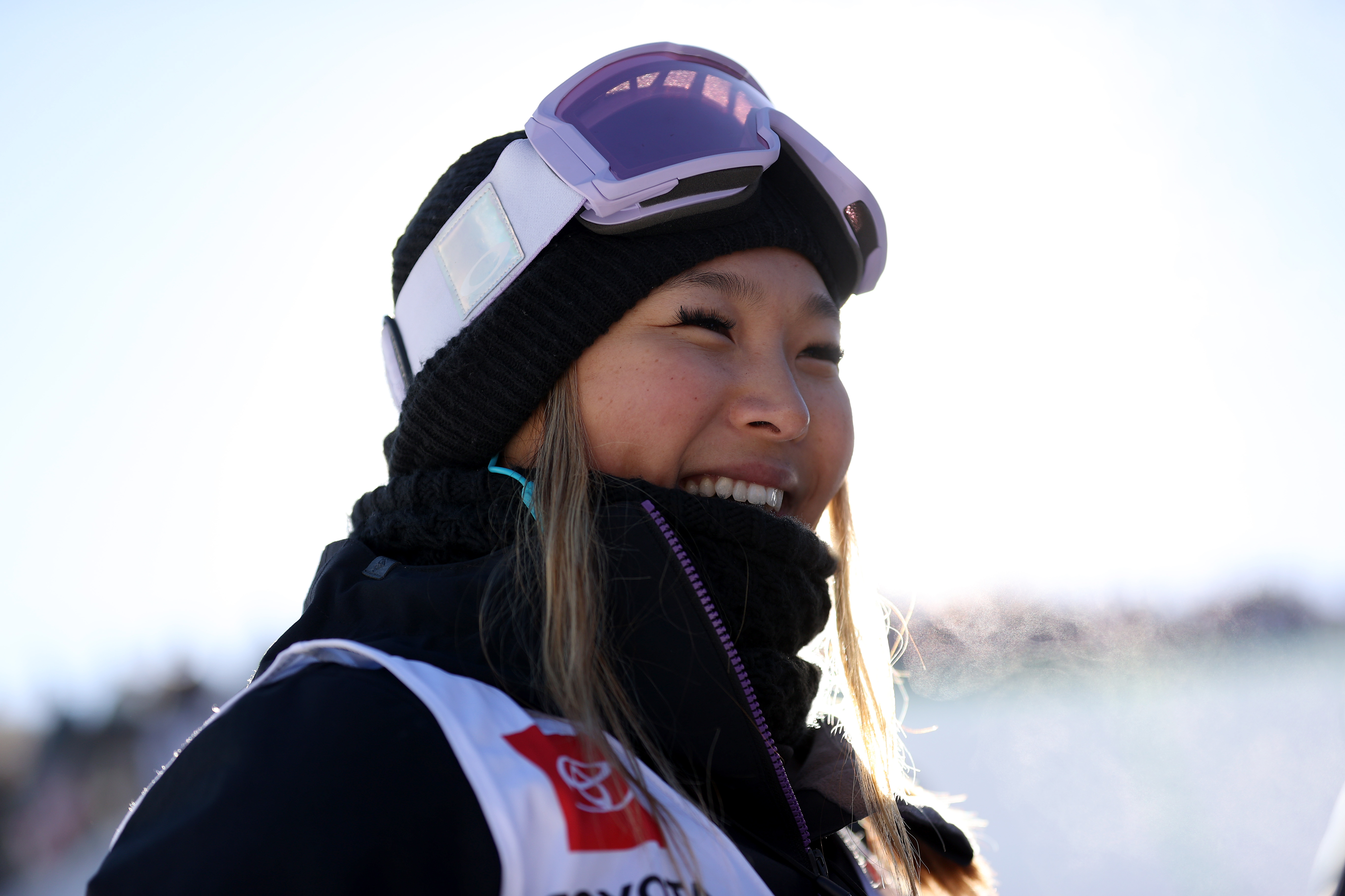 Chloe Kim of Team United States is interviewed after her final run of the women’s snowboard superpipe final during Day 5 of the Dew Tour at Copper Mountain on December 19, 2021 in Copper Mountain, Colorado. Kim won the event on her final run after crashing on her previous two runs.