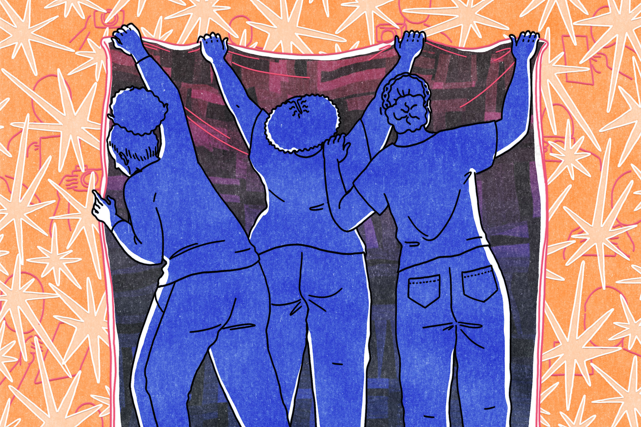 An illustration of three Black woman quilters, drawn in shades of blue, putting a quilt up against a star-patterned orange background.