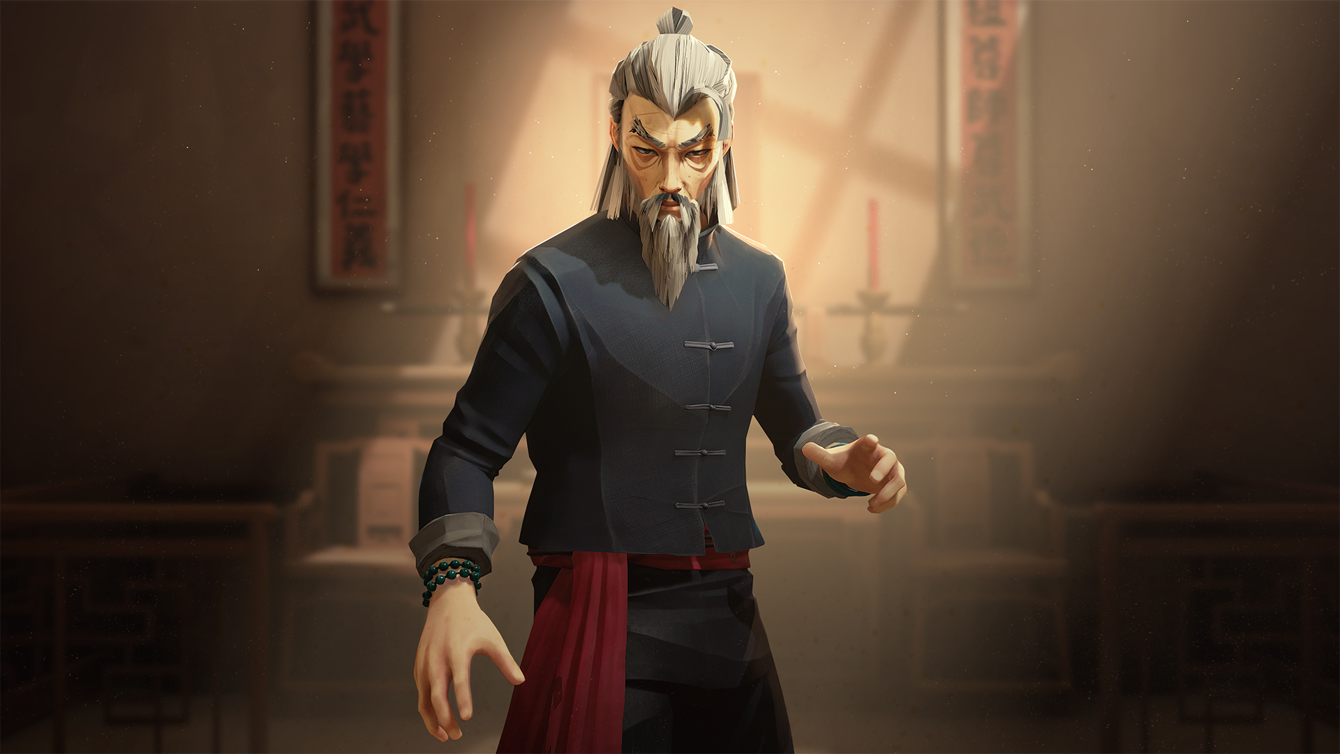 a gray-haired and gray-bearded martial artist in Sifu