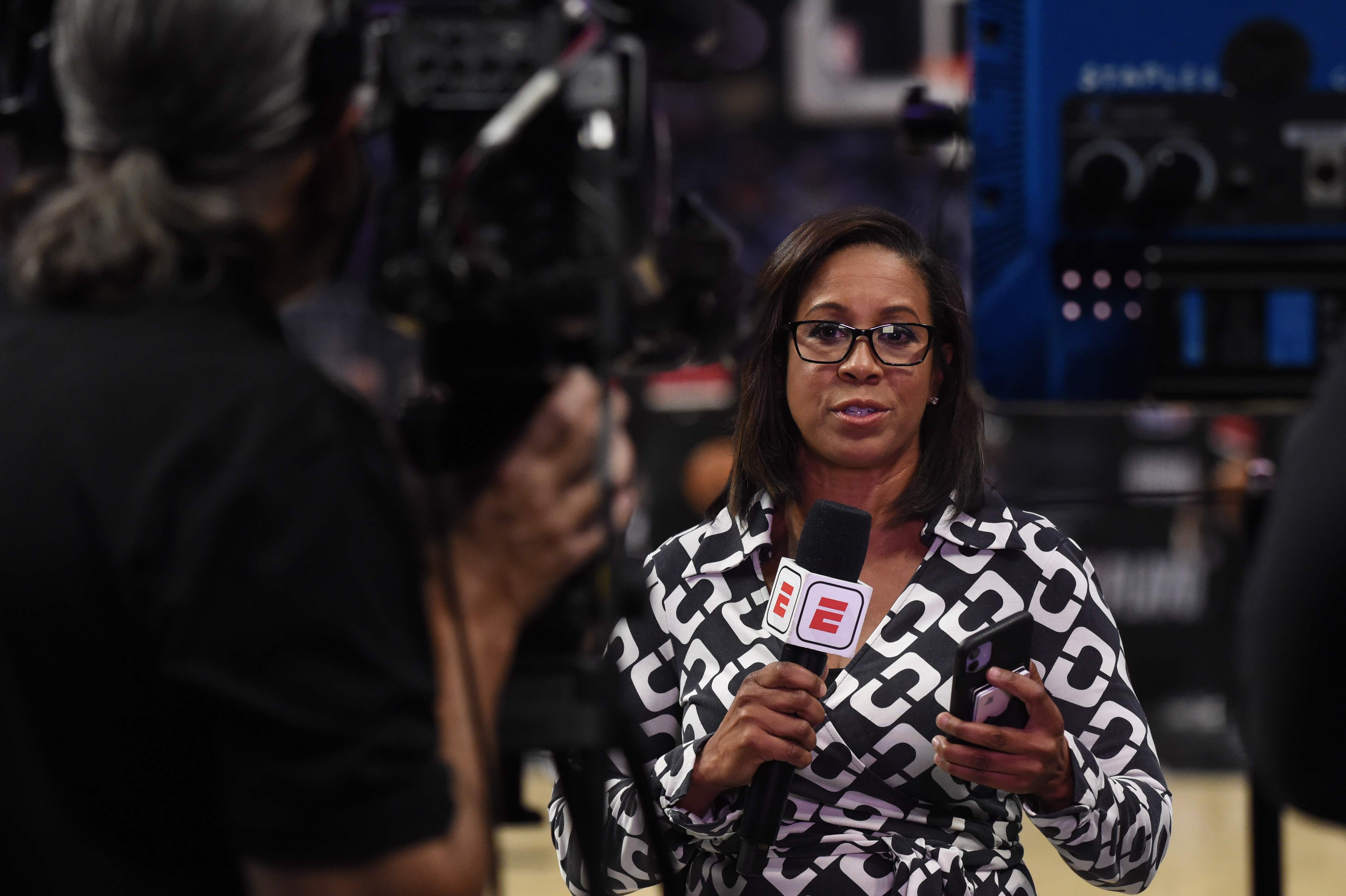 ESPN Reporter, Lisa Salters reports on the game between the Utah Jazz and LA Clippers during Round 2, Game 3 of the 2021 NBA Playoffs on June 12, 2021 at STAPLES Center in Los Angeles, California.