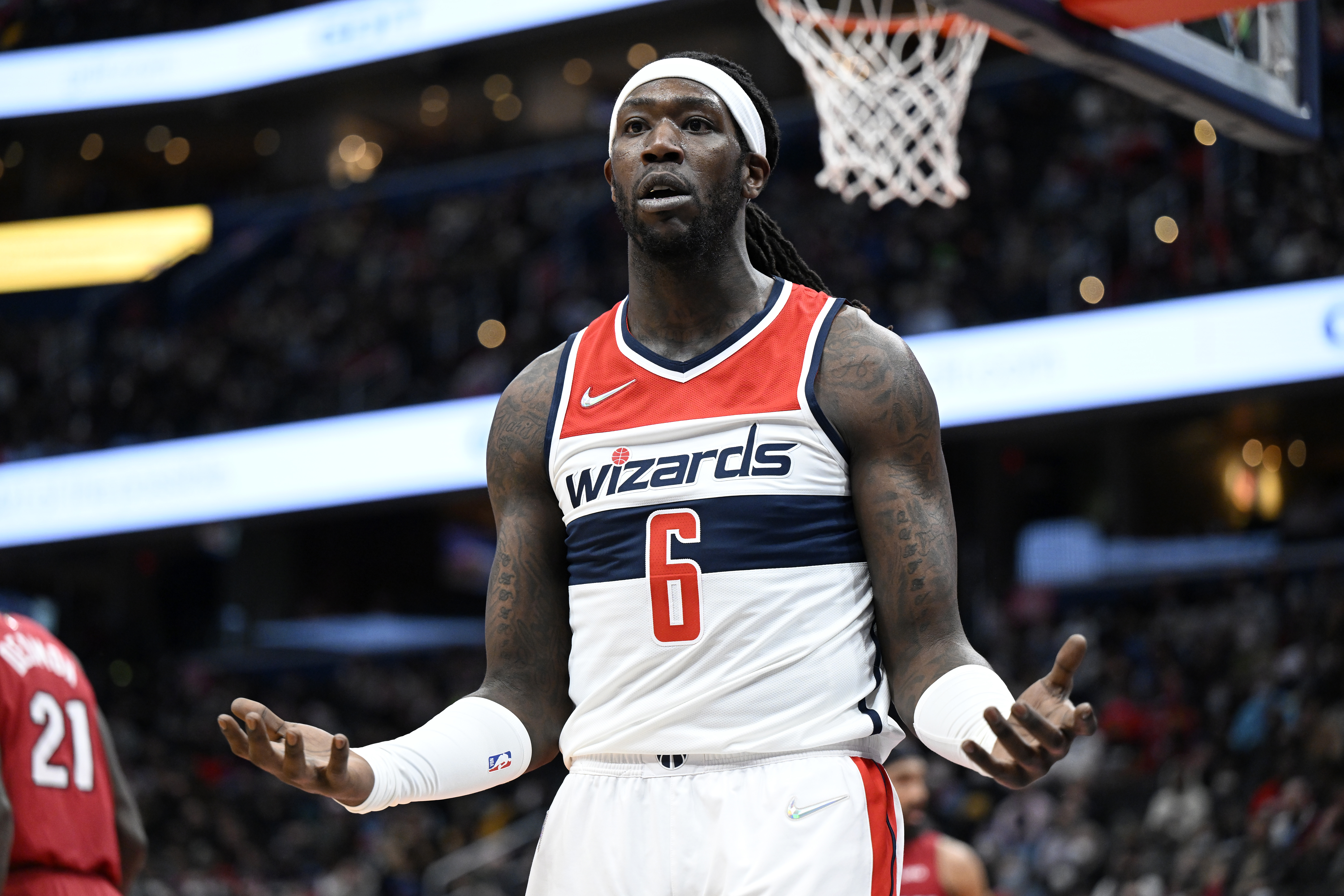 Montrezl Harrell #6 of the Washington Wizards reacts to a call during the game against the Miami Heatat Capital One Arena on February 07, 2022 in Washington, DC.