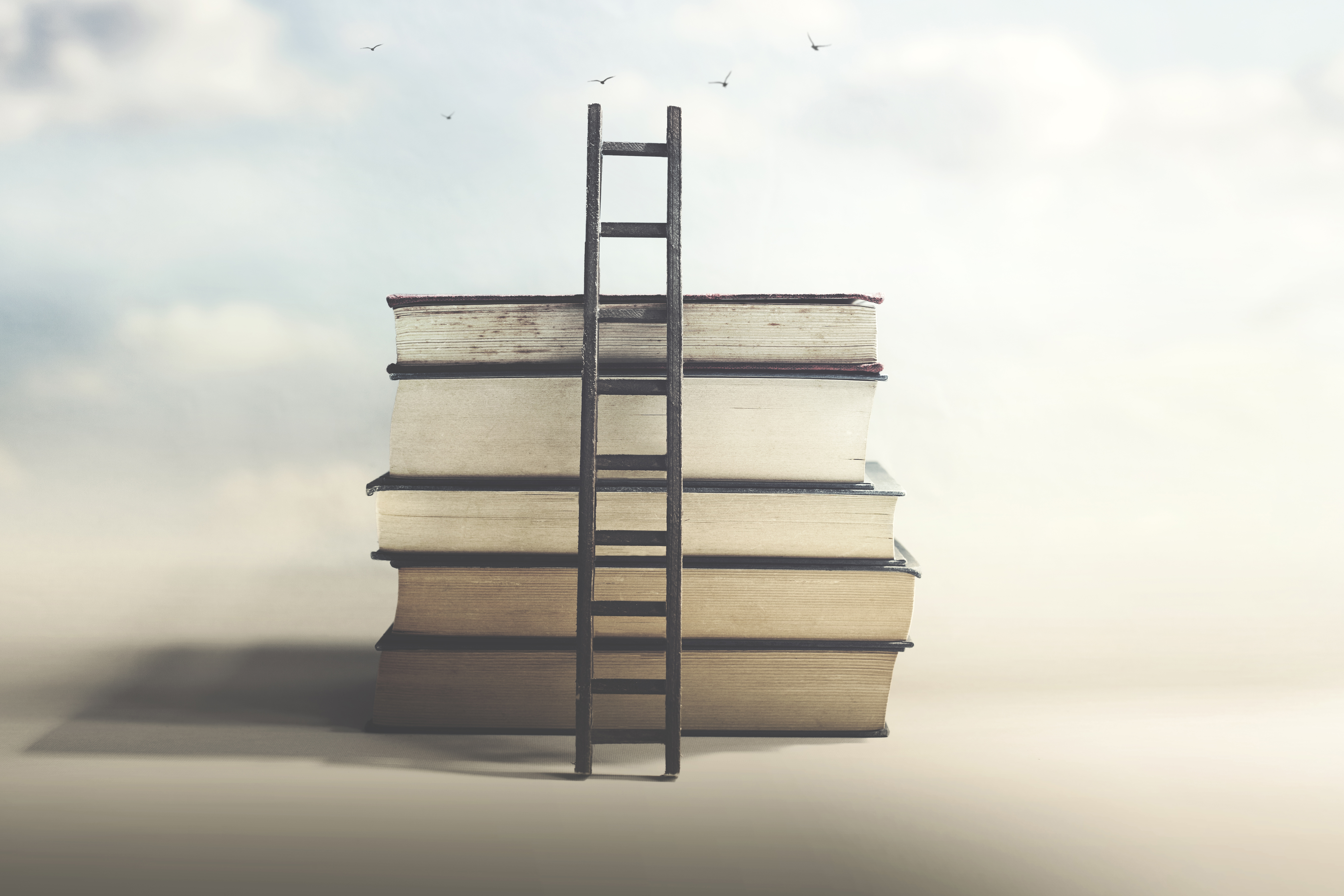 A miniature ladder leans against a stack of books.