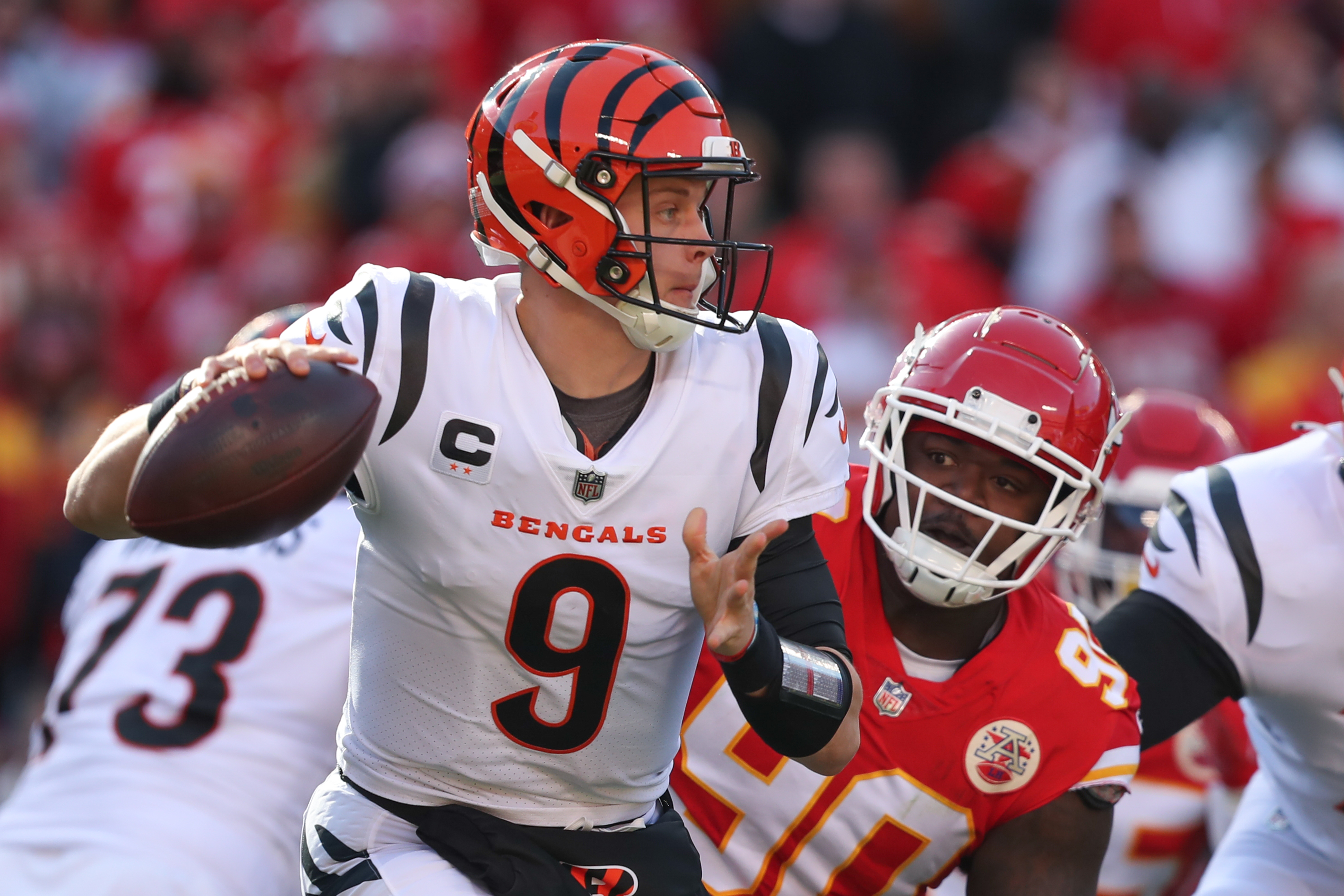 An image of Joe Burrow, #9, quarterback for the Cincinnati Bengals, during the AFC Championship game against the Kansas City Chiefs.