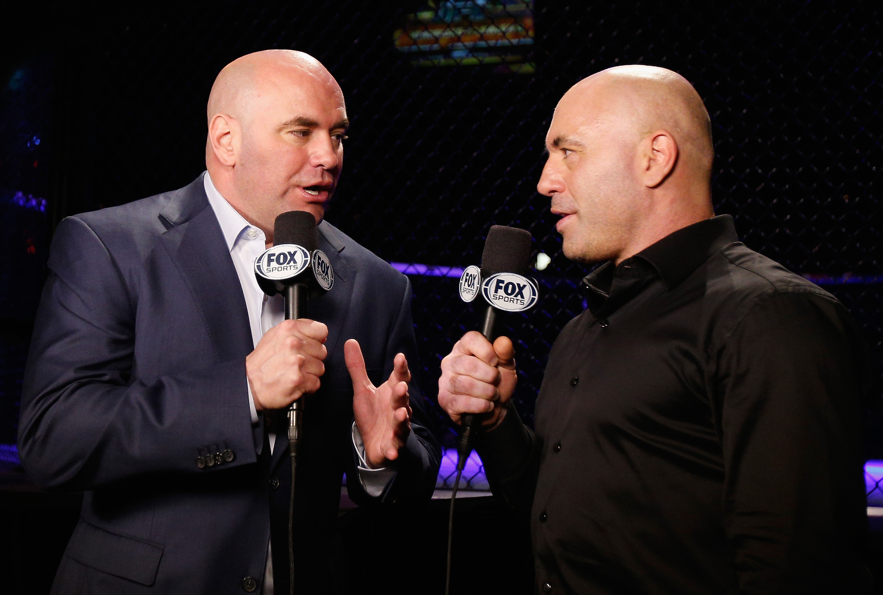 Dana White and Joe Rogan during the UFC 181 broadcast in 2014. 