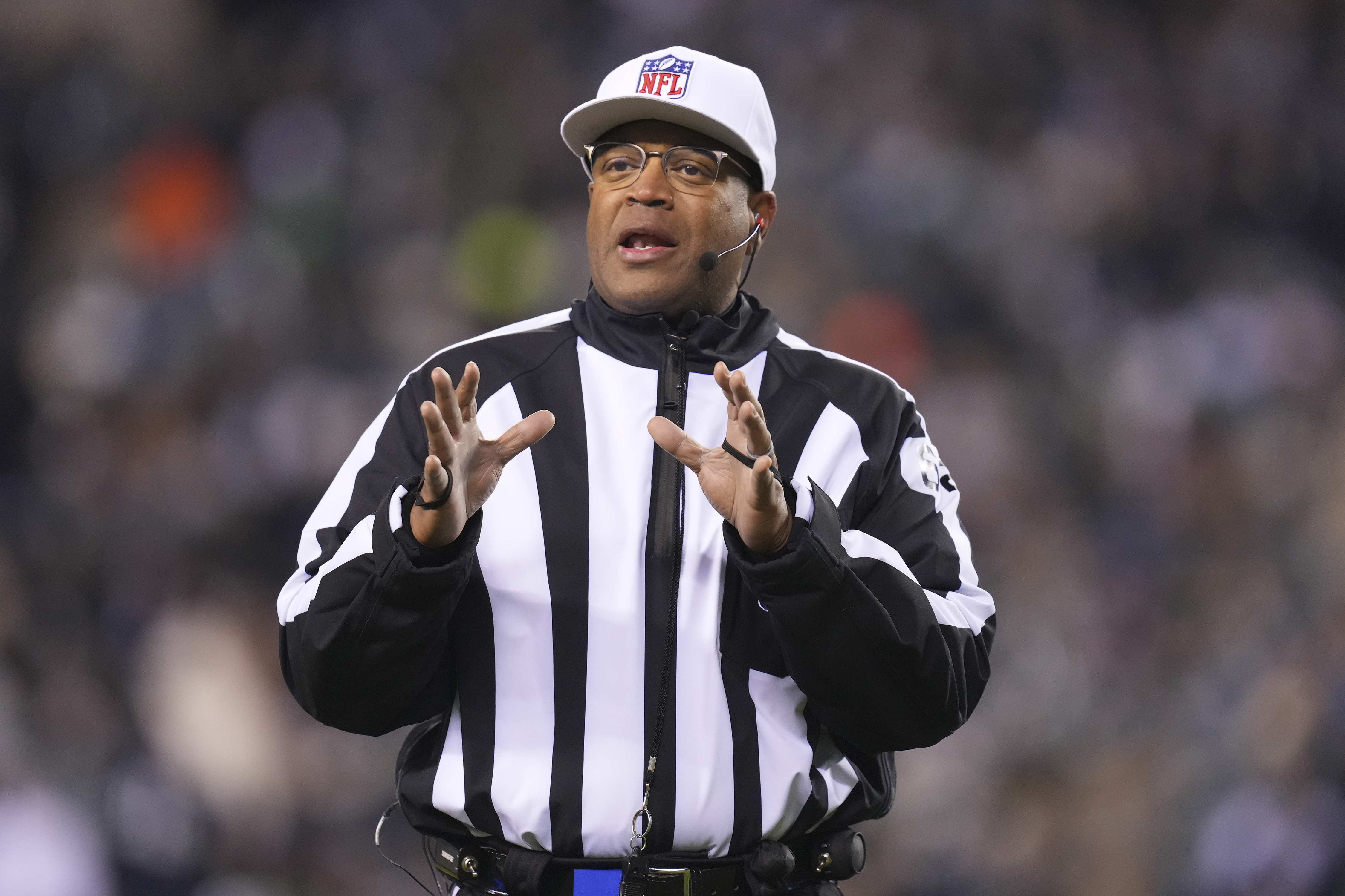 Referee Ronald Torbert #62 looks on during the game between the Dallas Cowboys and Philadelphia Eagles at Lincoln Financial Field on January 8, 2022 in Philadelphia, Pennsylvania.