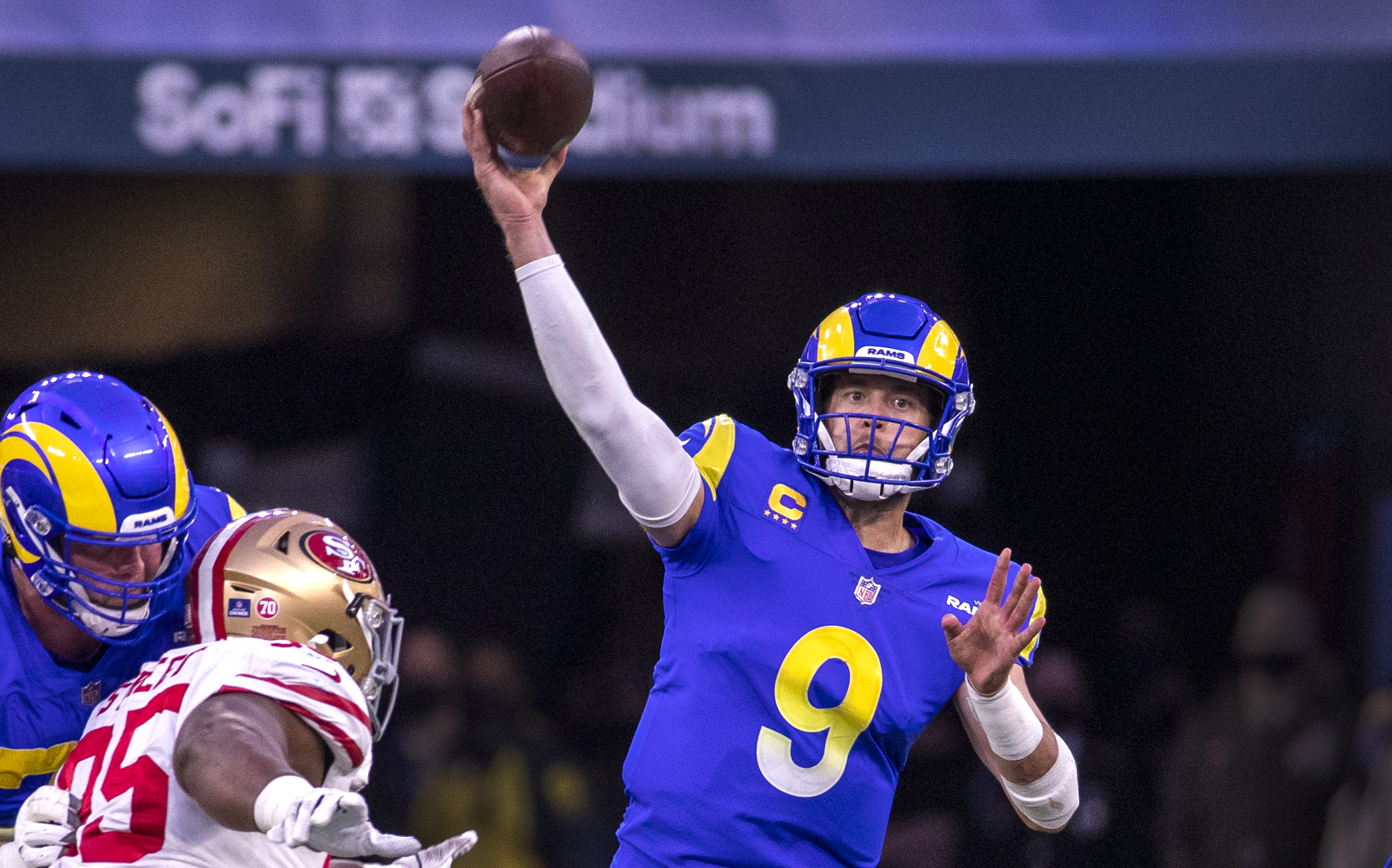 Rams quarterback Matthew Stafford passes the ball during their 20-17 victory over the San Francisco 49ers in the NFC Championships at SoFi Stadium on Sunday, Jan. 30, 2022 in Los Angeles, CA.