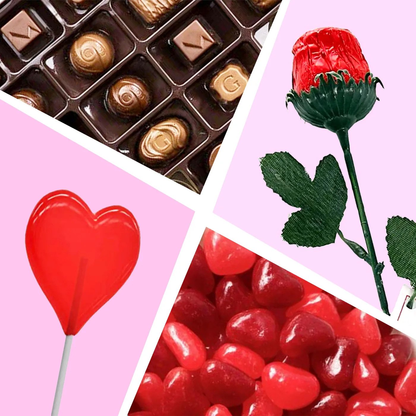A photo illustration of a candy heart lollipop, chocolate rose, red jelly beans, and chocolates