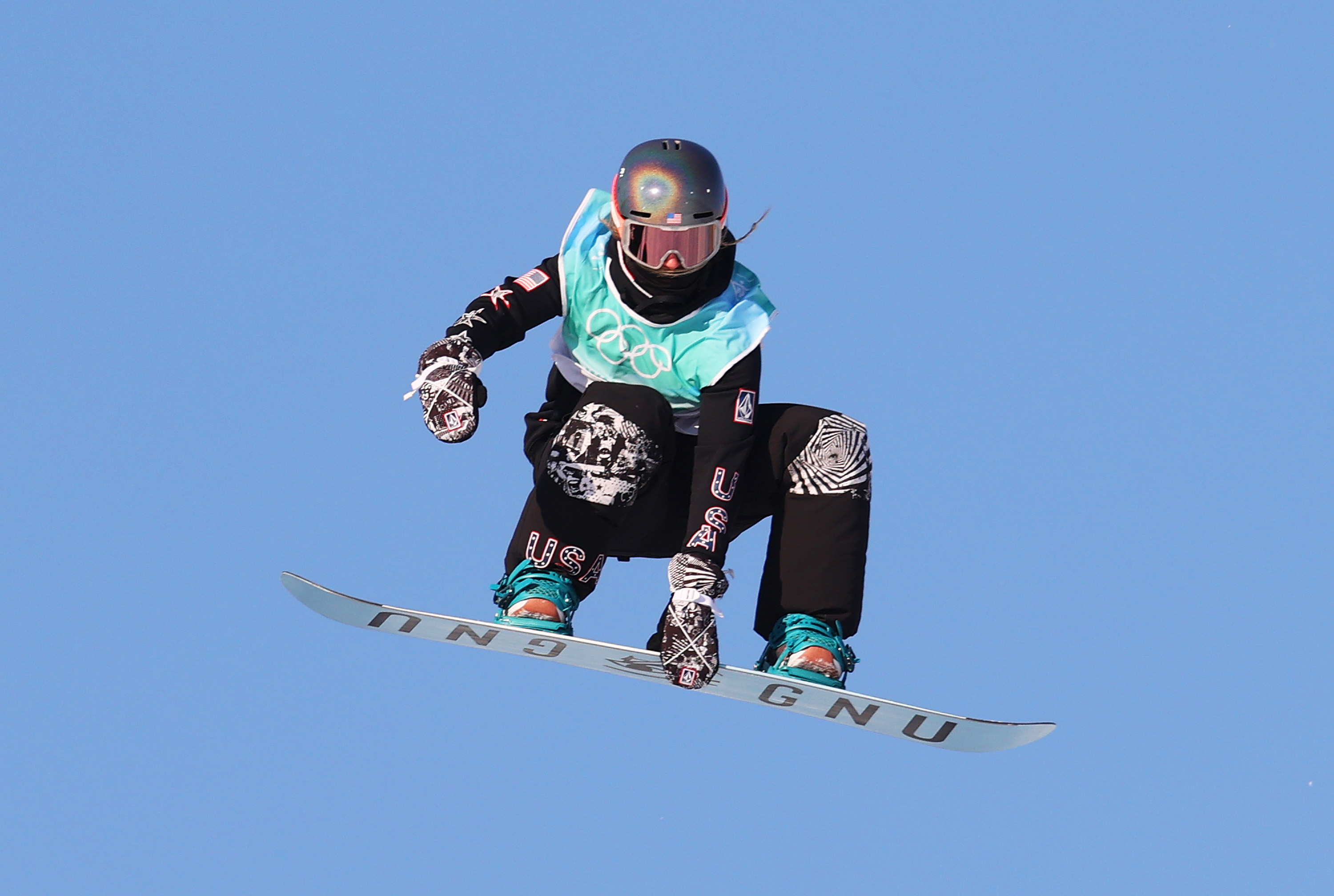 Jamie Anderson of Team United States performs a trick on a practice run ahead of the Women’s Snowboard Big Air Qualification on Day 10 of the Beijing 2022 Winter Olympics at Big Air Shougang on February 14, 2022 in Beijing, China.