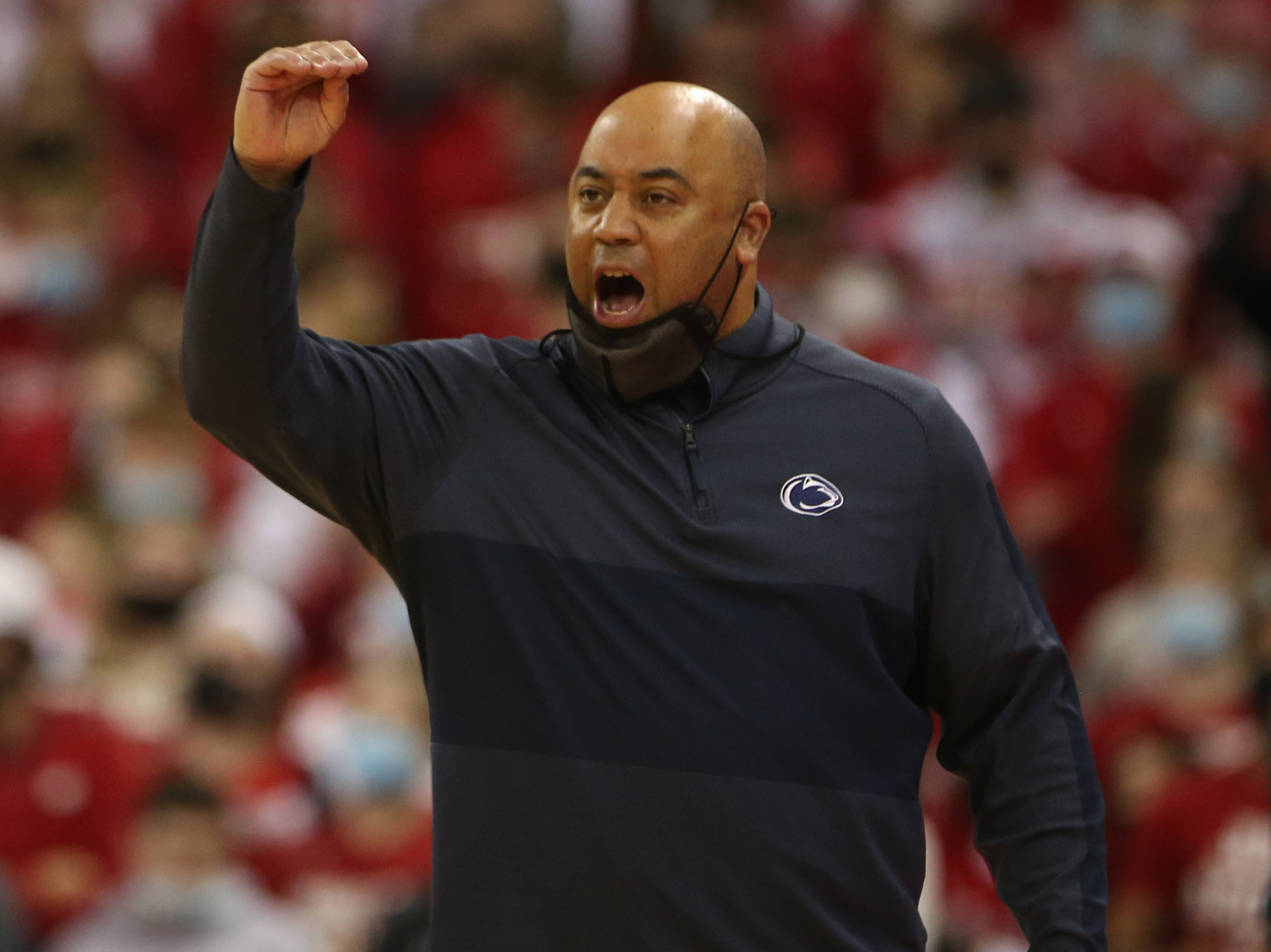 Penn State Nittany Lions head coach Micah Shrewsberry directs his team during the game with the Wisconsin Badgers at the Kohl Center.&nbsp;