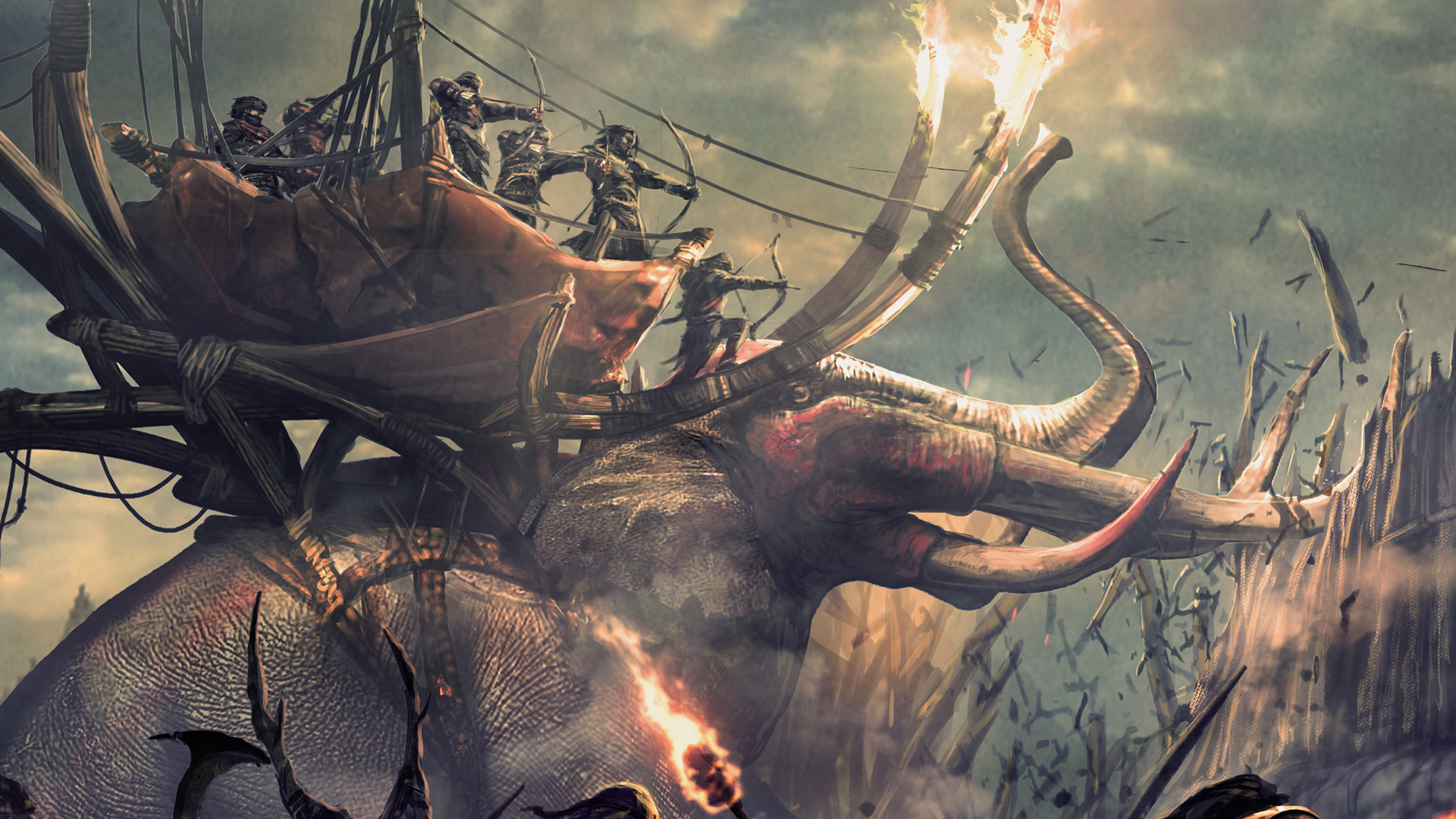 A crop of the concept art showing riders on top of a giant mammoth.