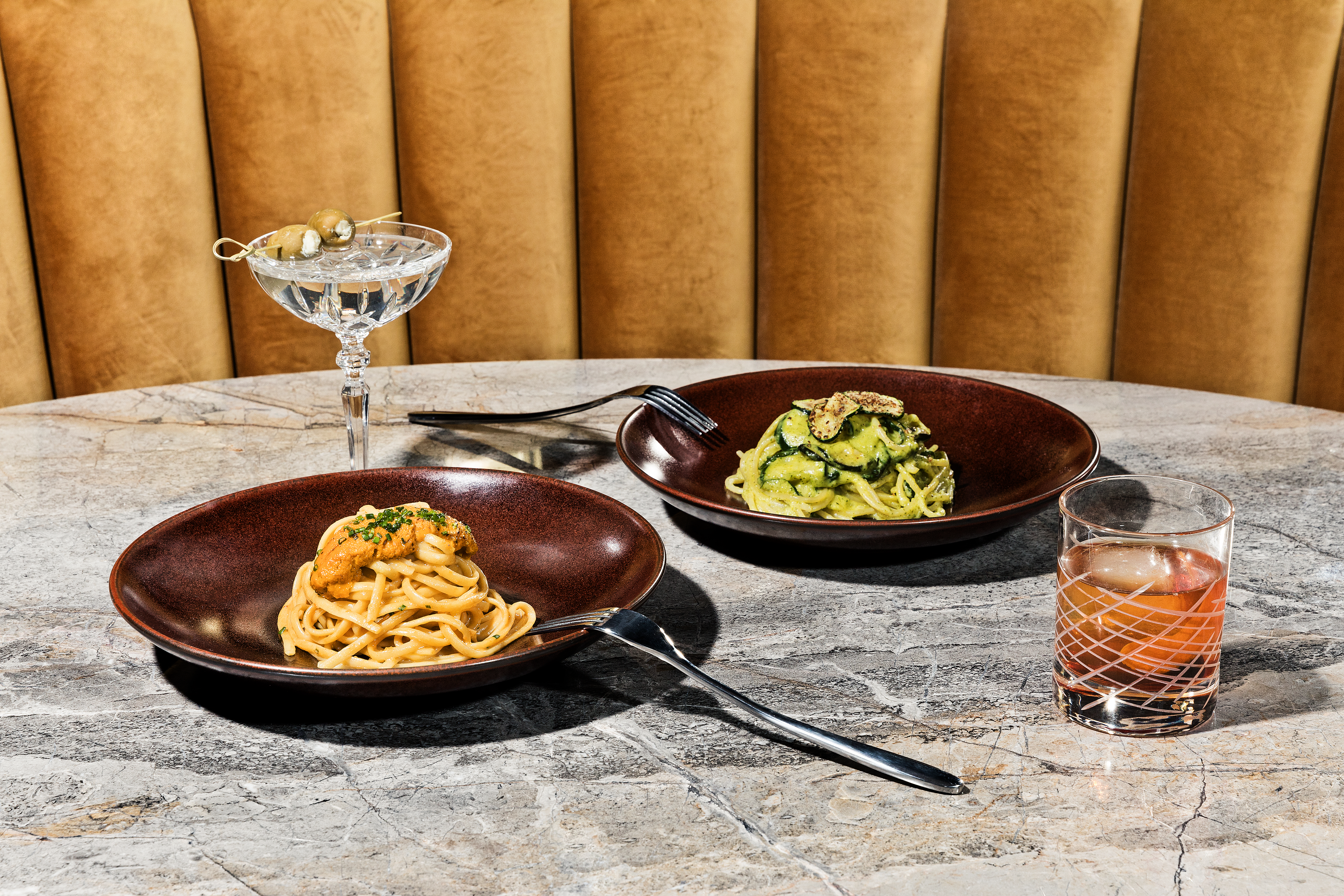 An assortment of dishes and cocktails from Angelini Ristorante &amp; Bar in Brentwood, California