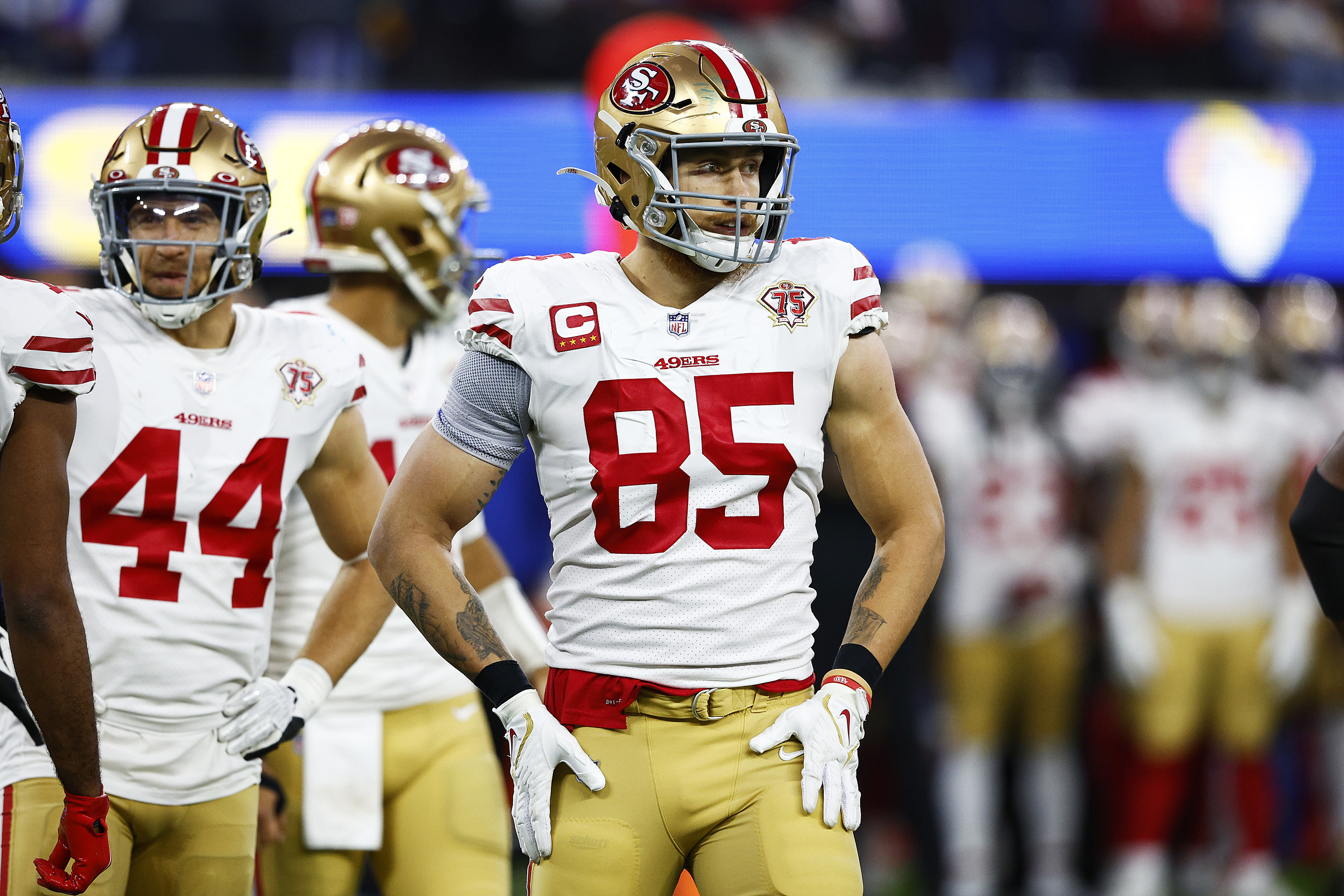 George Kittle #85 of the San Francisco 49ers reacts during the game against the Los Angeles Rams in the NFC Championship Game at SoFi Stadium on January 30, 2022 in Inglewood, California.