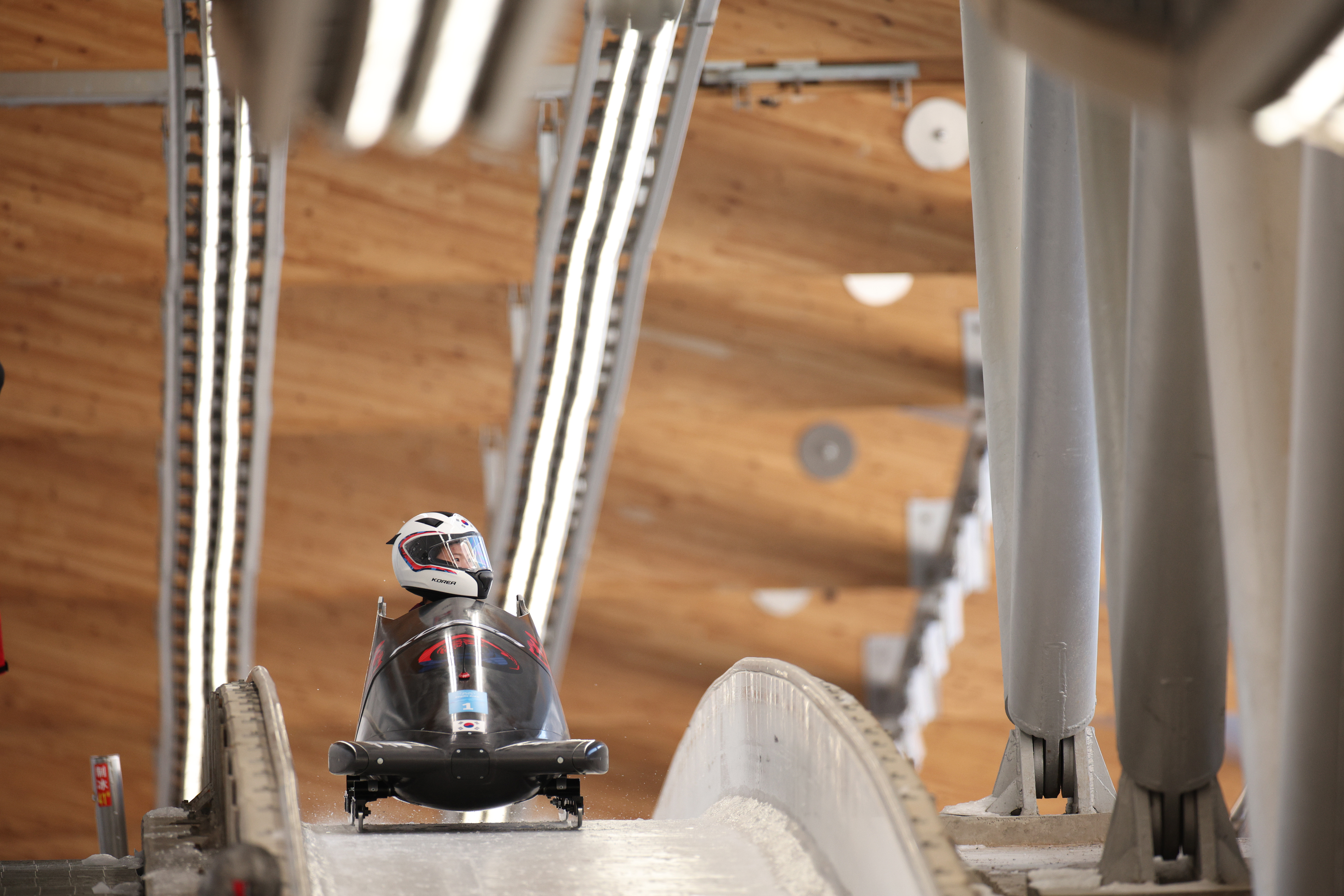 Yooran Kim of Team South Korea reacts during the Women’s Monobob Bobsleigh Heat 3 on day 10 of Beijing 2022 Winter Olympic Games at National Sliding Centre on February 14, 2022 in Yanqing, China.