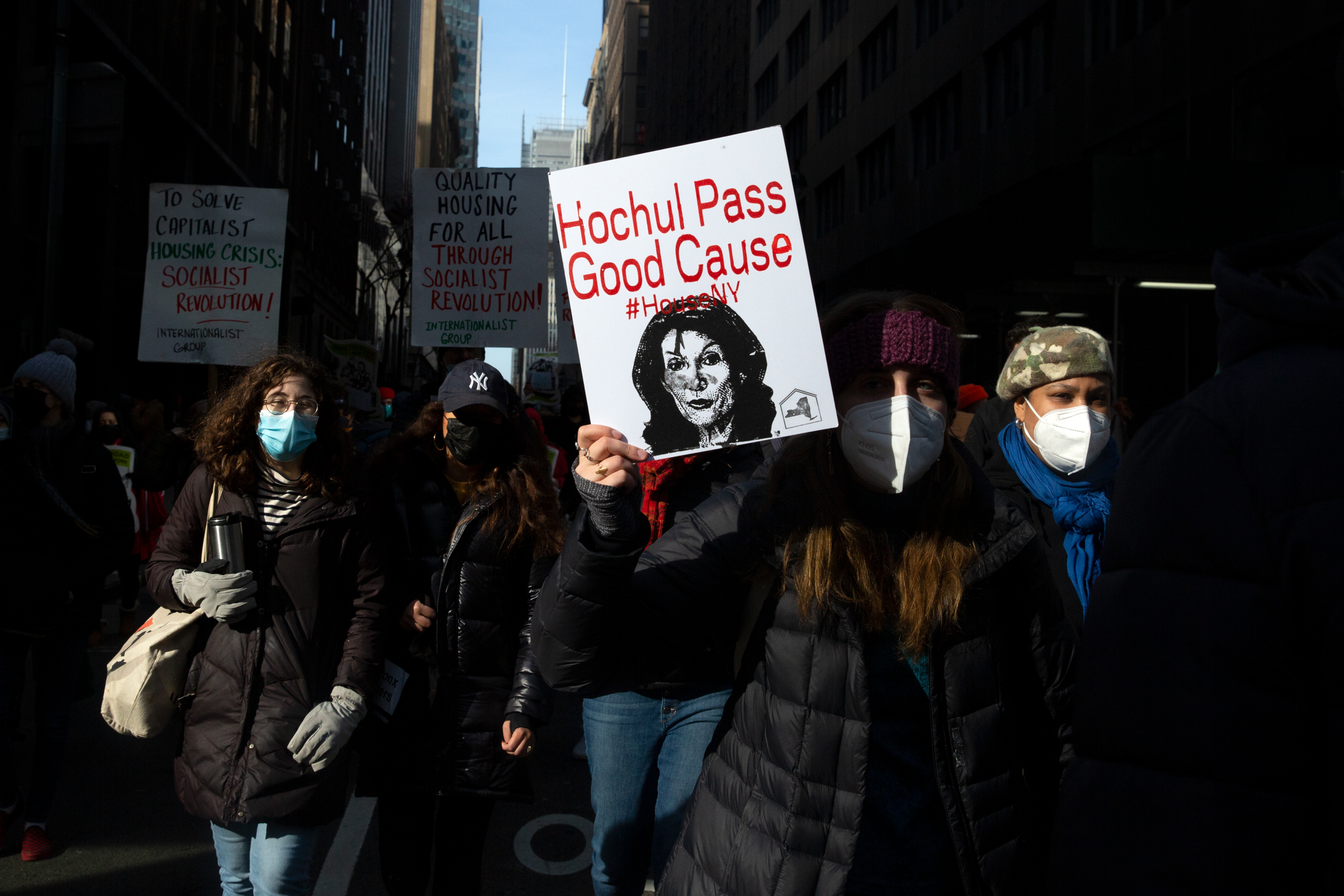 Dozens of housing advocates marched to Governor Kathy Hochul’s Midtown office to demand an extension of the eviction moratorium, Jan. 14, 2022.
