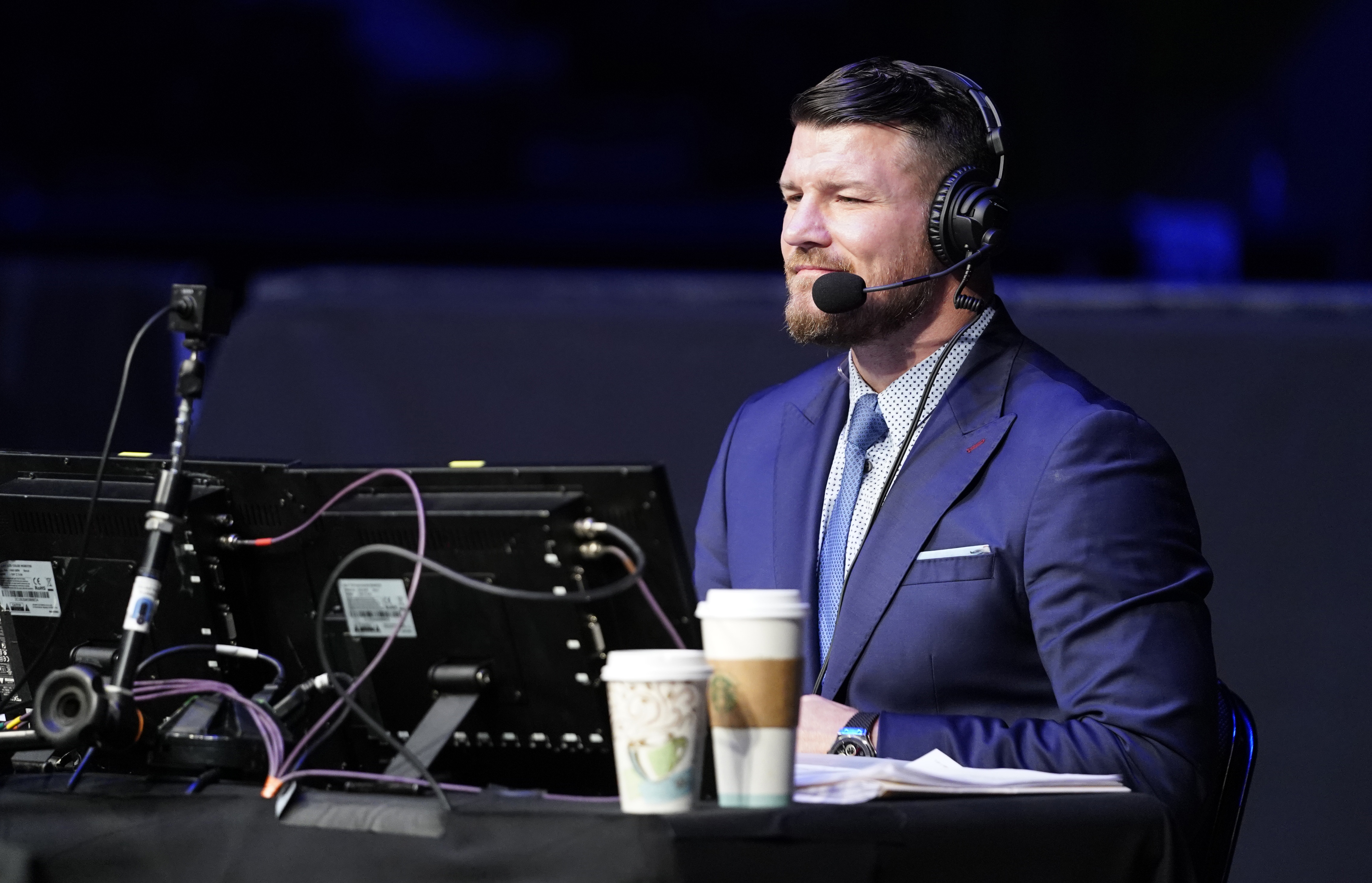 Michael Bisping at the broadcast booth during a UFC Fight Night event in May 2020. 