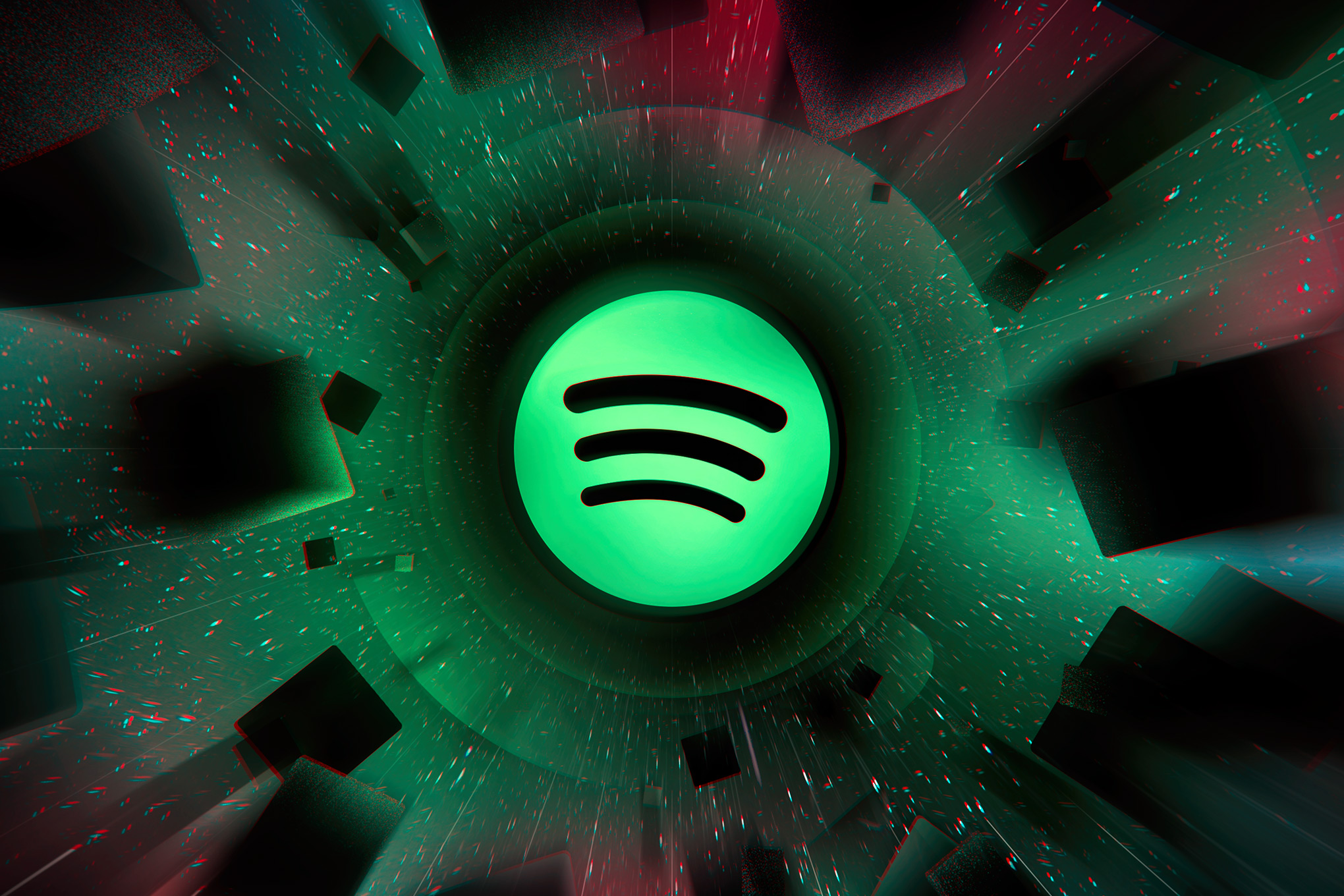 A photo illustration of Spotify’s green circle logo