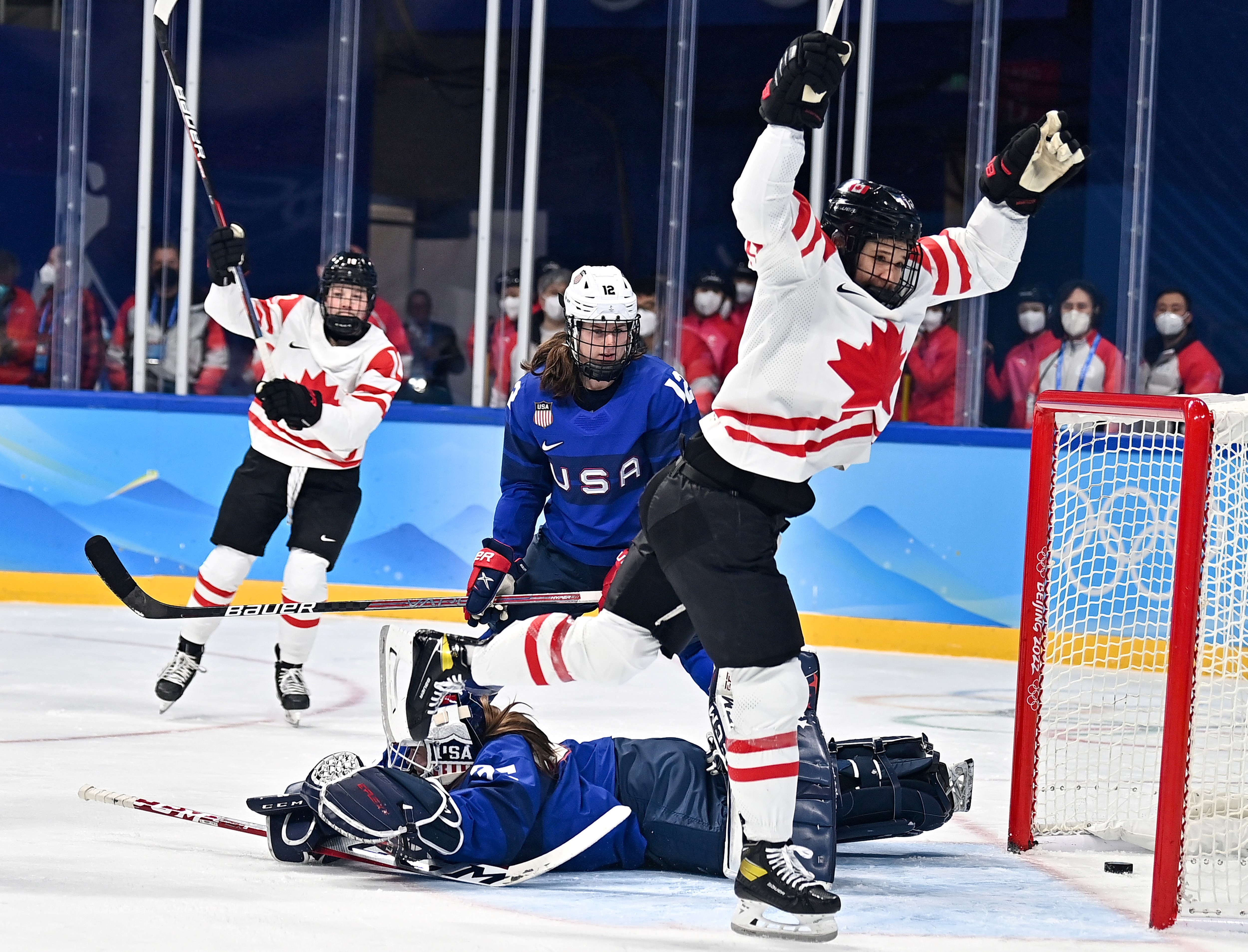 Jamie Lee Rattray 1st R of Canada scores during the ice hockey women’s preliminary round group A match between Canada and the United States at Wukesong Sports Centre in Beijing, capital of China, Feb. 8, 2022.