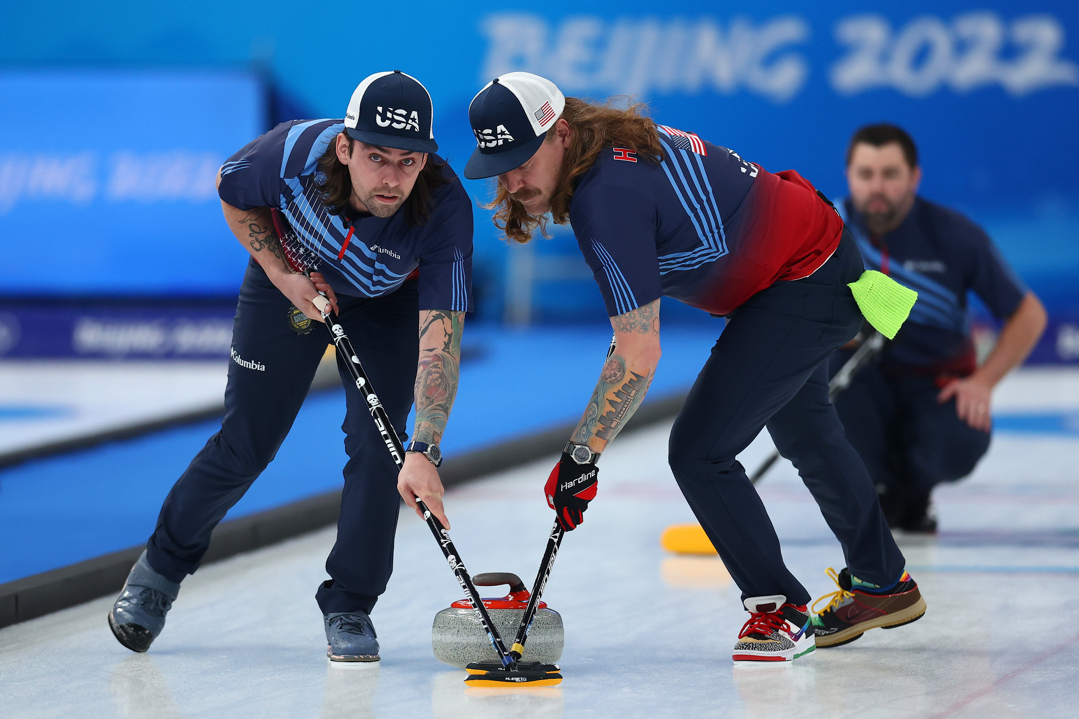 Christopher Plys and Matt Hamilton of Team United States compete against Team Great Britain during the Men’s Semifinal on Day 13 of the Beijing 2022 Winter Olympic Games at National Aquatics Centre on February 17, 2022 in Beijing, China.