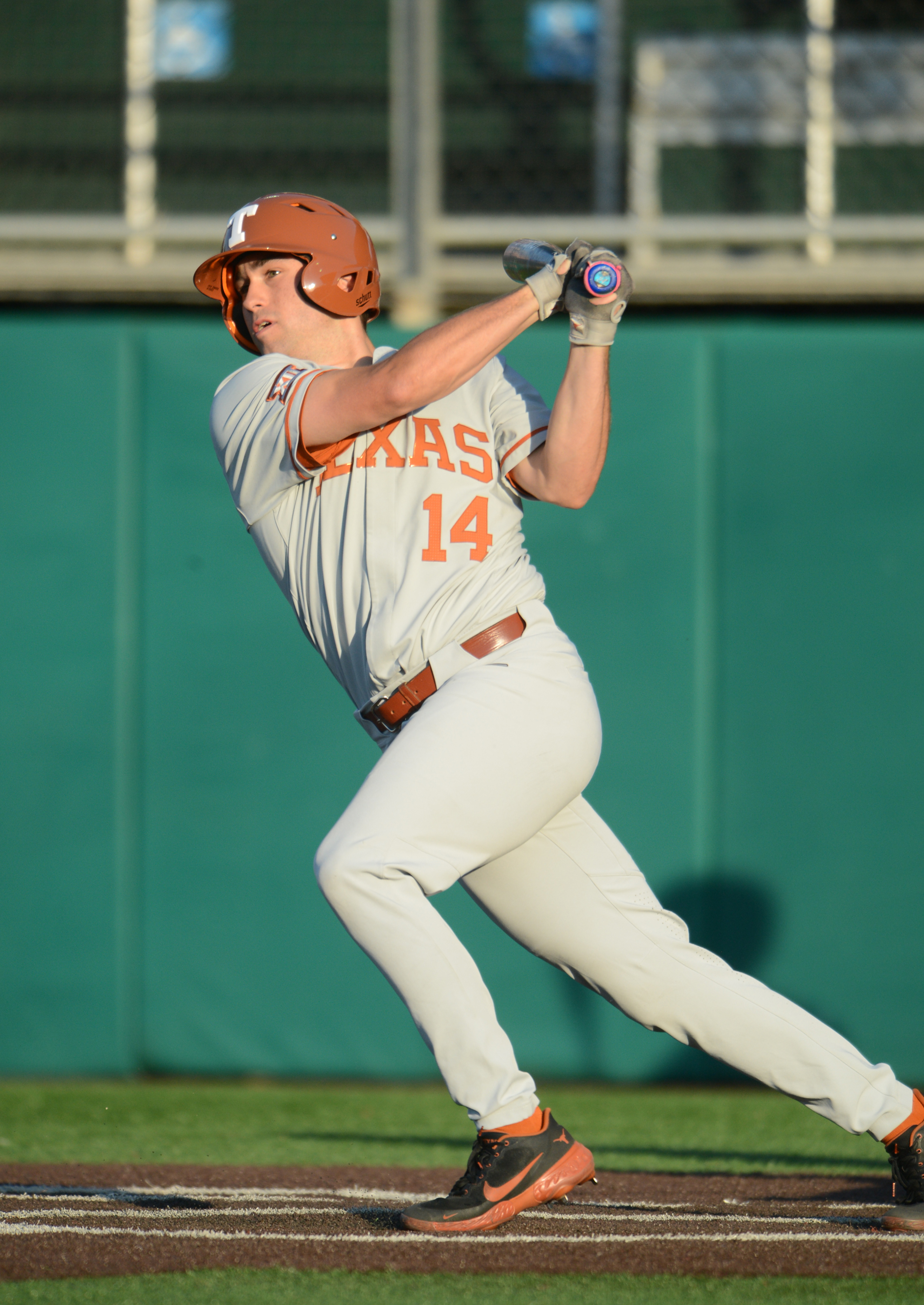 Texas Longhorns infielders Murphy Stehly takes a swing during game between the Texas Longhorns and the Texas State Bobcats on April 20, 2021 at Bobcat Ballpark in San Marcos, TX.