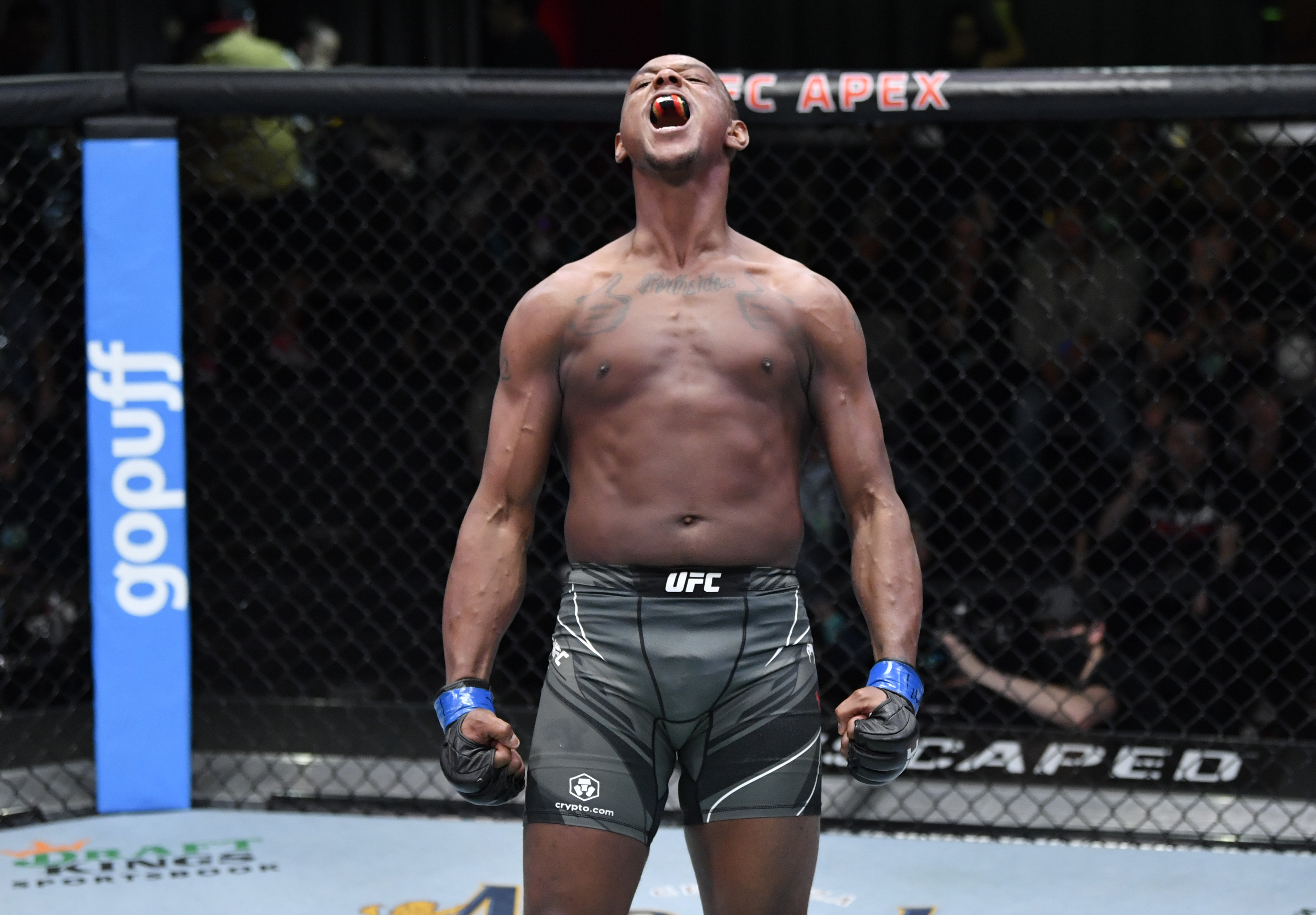 Jamahal Hill reacts after his knockout victory over Jimmy Crute of Australia in their lightweight fight during the UFC Fight Night event at UFC APEX on December 04, 2021 in Las Vegas, Nevada.