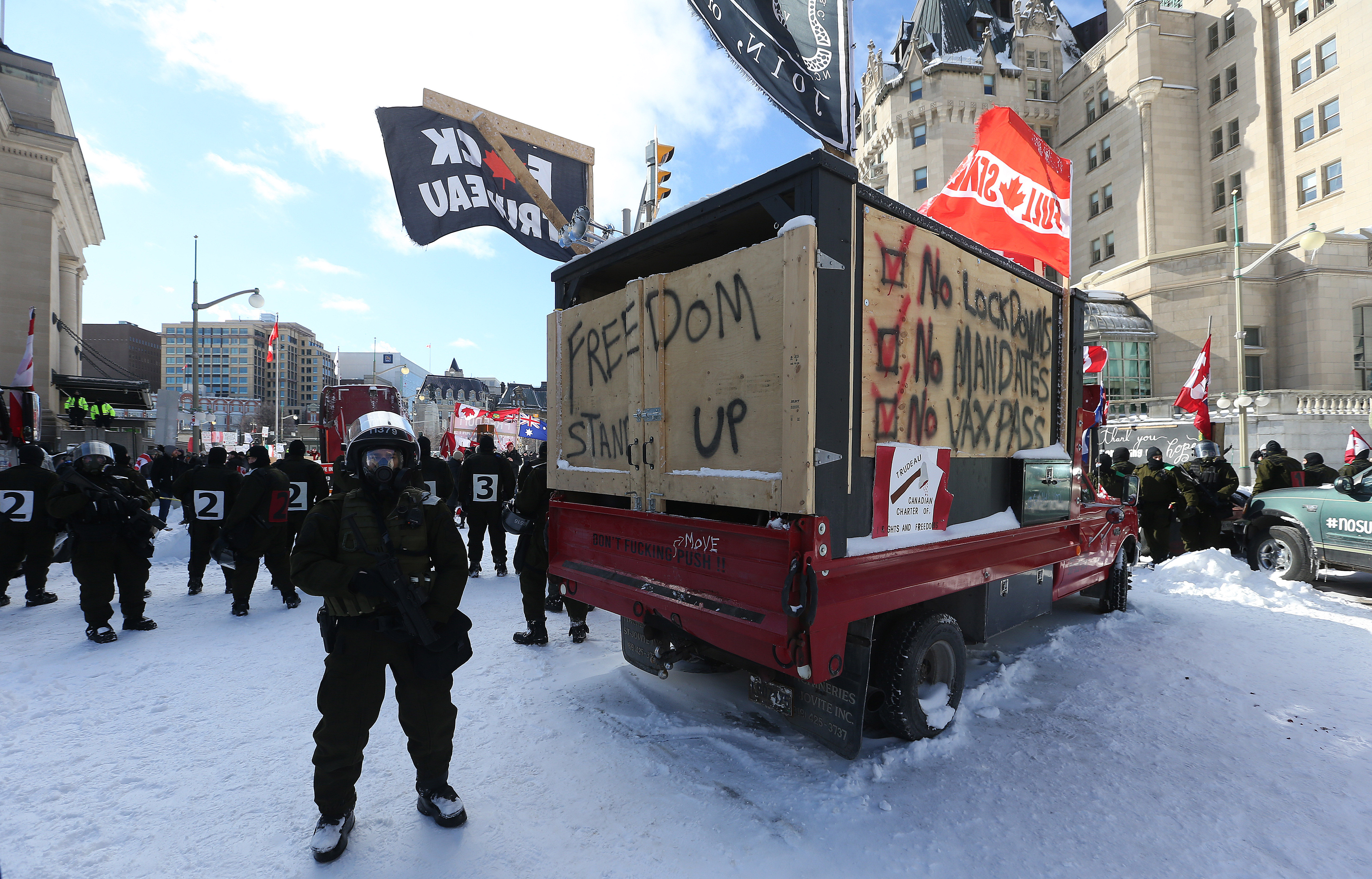 Snow covers the protest convoy. Ottawa Police handed out papers telling the truckers to leave or face arrest there was no movement on Wellington Street in front of Parliament Hill