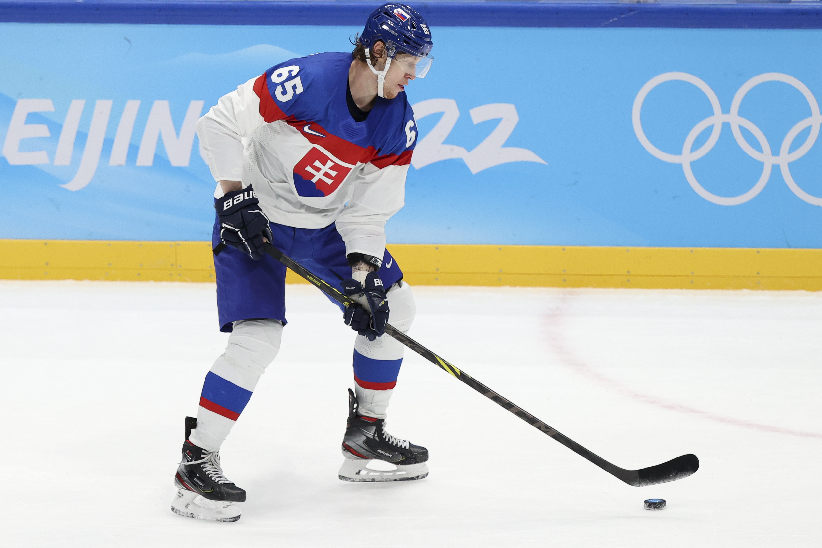 Michal Cajkovsky of Slovakia during the Men’s Ice Hockey Playoff Semifinal match between Team Finland and Team Slovakia on Day 14 of the Beijing 2022 Winter Olympic Games at National Indoor Stadium on February 18, 2022 in Beijing, China.