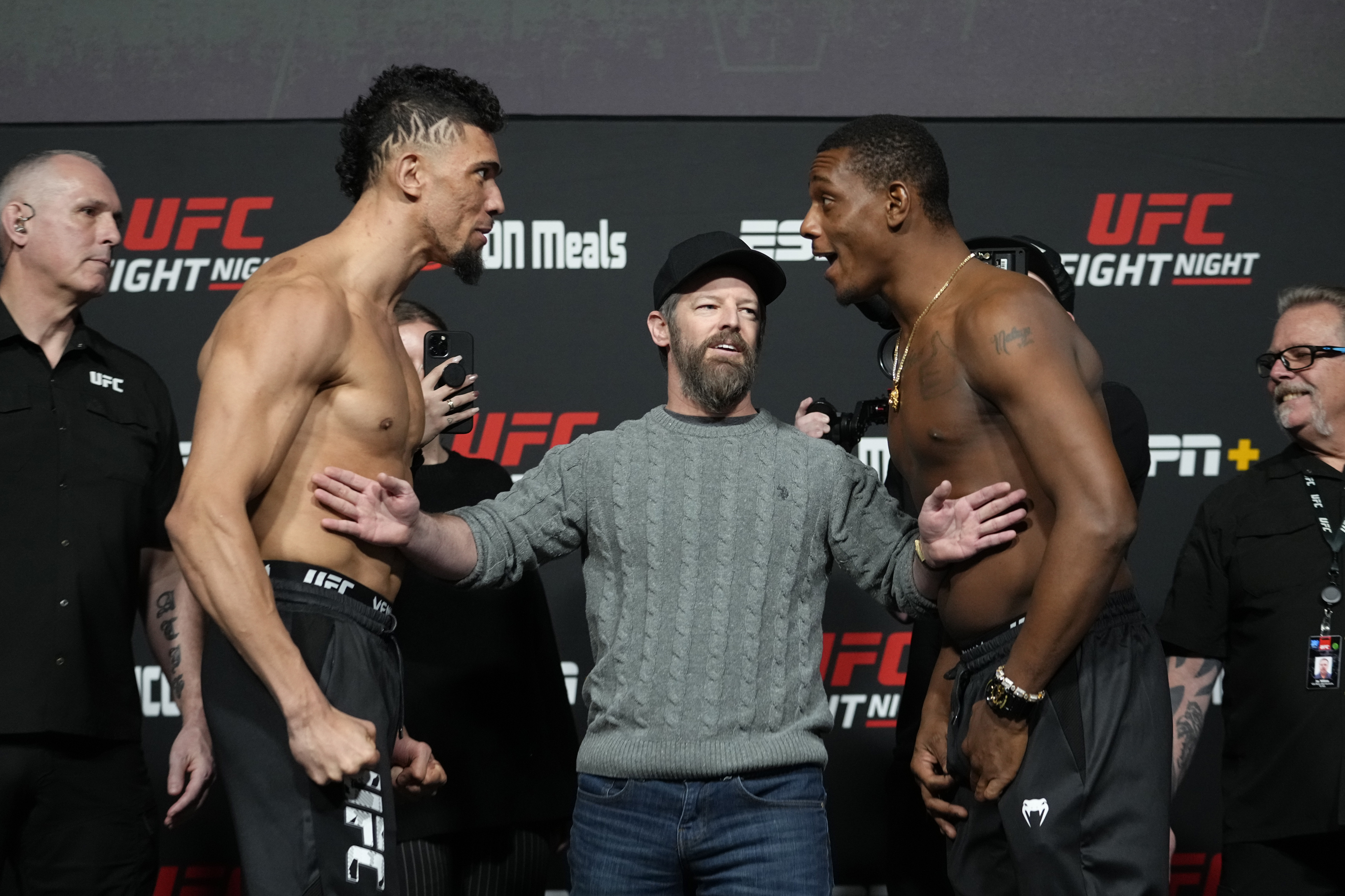 Johnny Walker of Brazil and Jamahal Hill face off during the UFC Fight Night weigh-in at UFC APEX on February 18, 2022 in Las Vegas, Nevada.