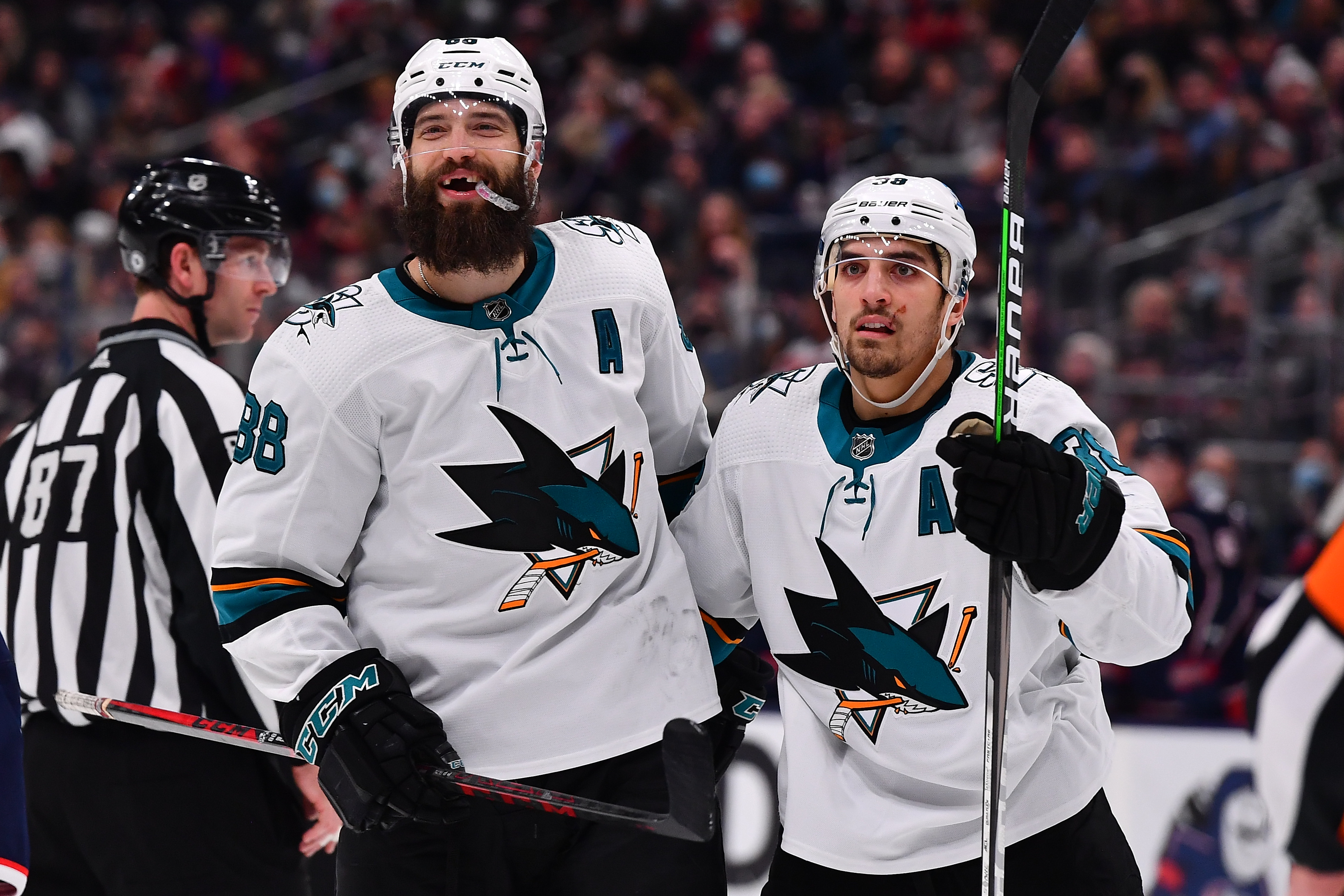 Brent Burns #88 of the San Jose Sharks celebrates his second period goal with teammate Mario Ferraro #38 of the San Jose Sharks during a game against the Columbus Blue Jackets at Nationwide Arena on December 5, 2021 in Columbus, Ohio.