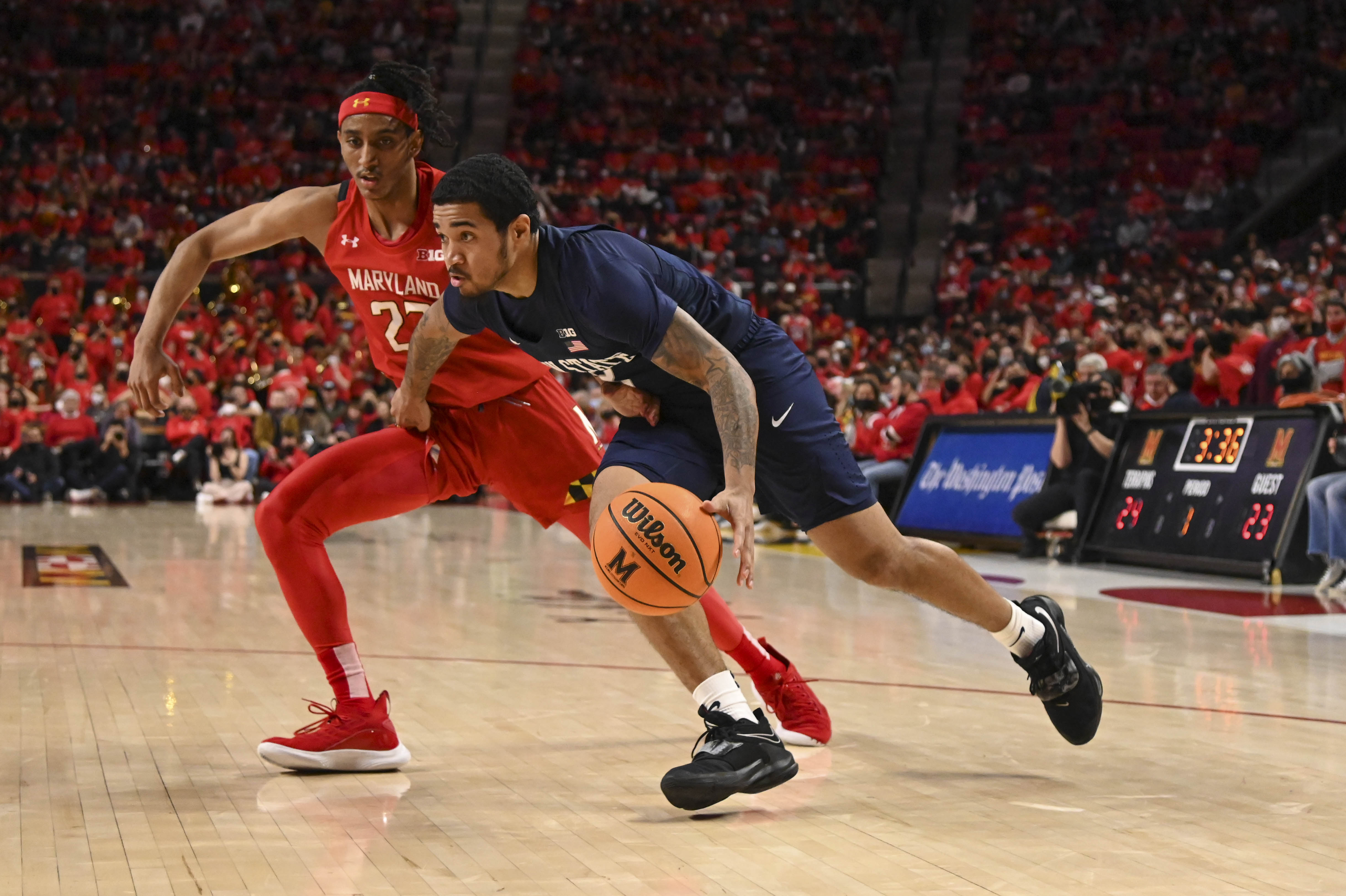 Penn State Nittany Lions guard Sam Sessoms (3) makes a move to the basket on Maryland Terrapins guard Ian Martinez (23) during the first half at Xfinity Center