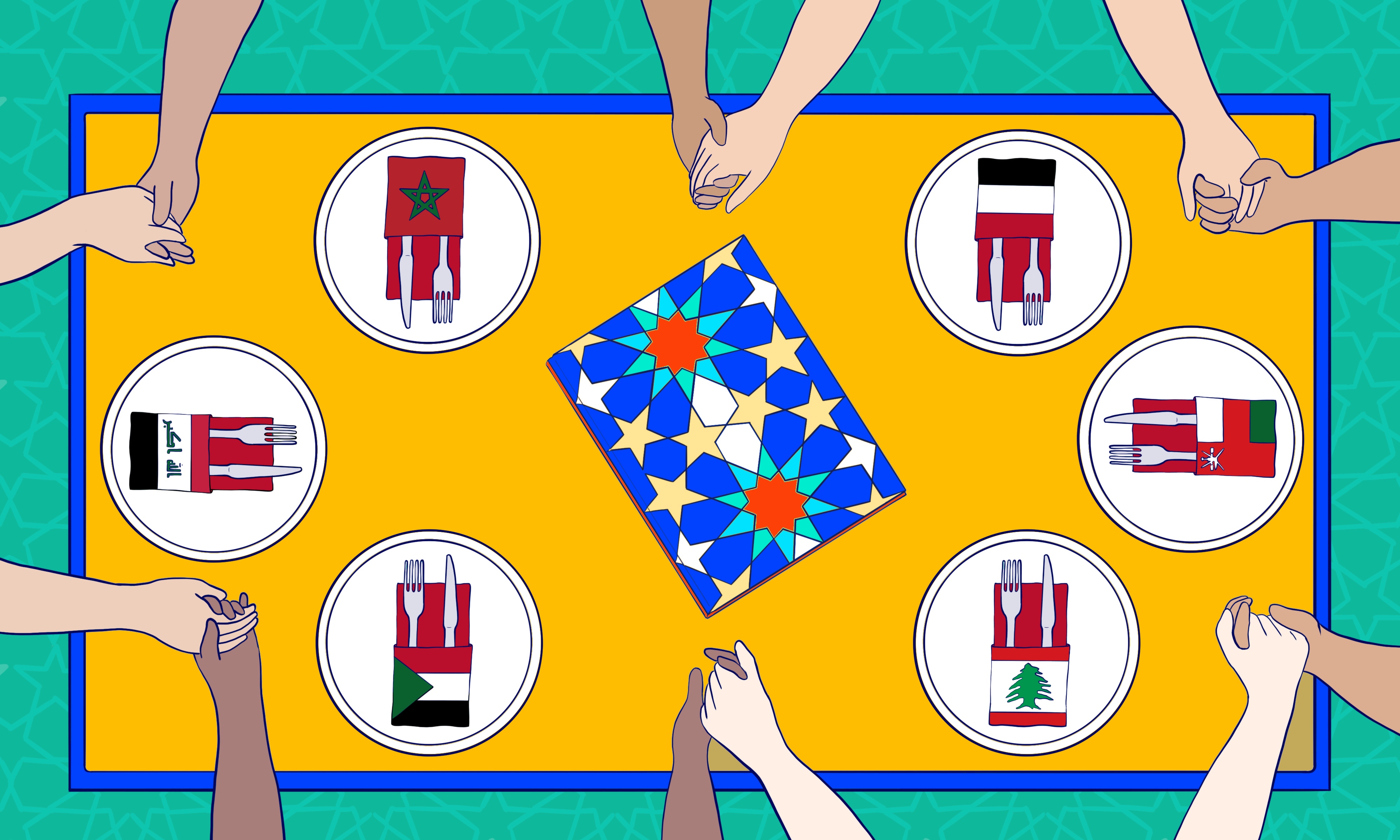 Illustration of various hands holding each other around a table; in front of each person is a plate with a napkin representing a different country.