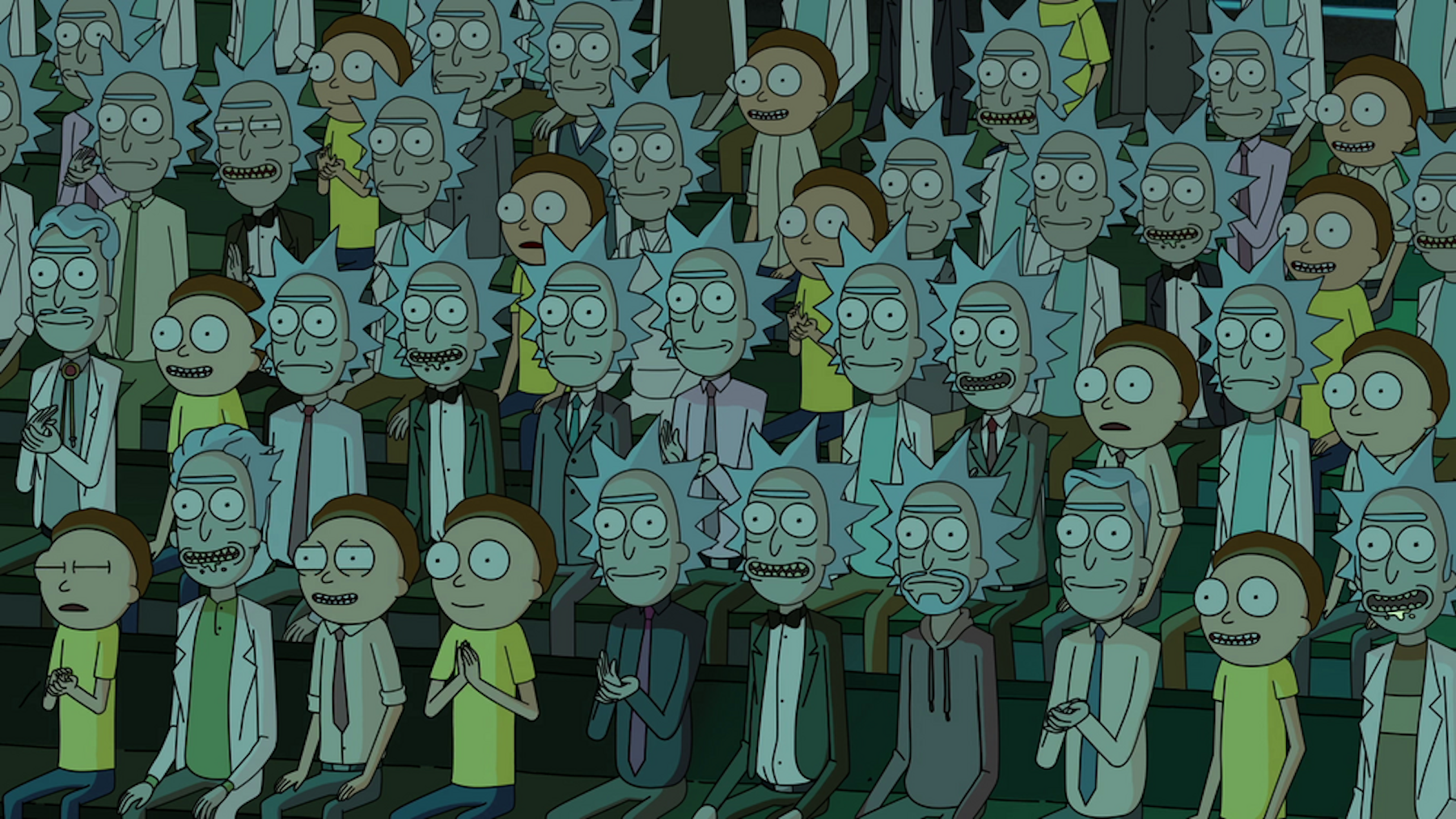 A group of Ricks and Mortys from multiple dimensions.